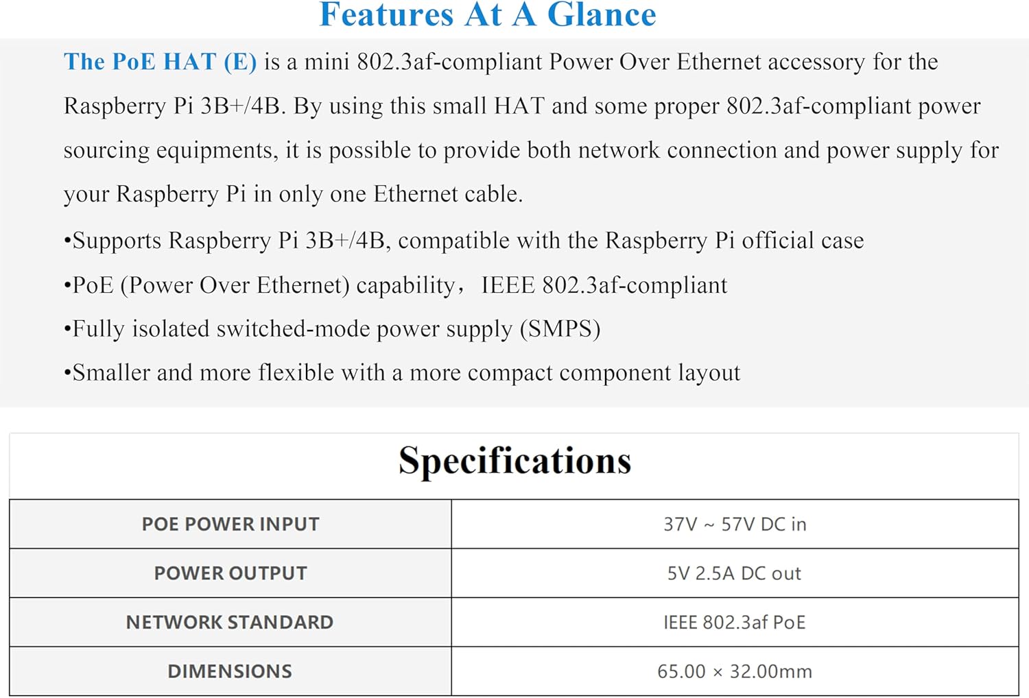 Waveshare PoE HAT Features and Specifications