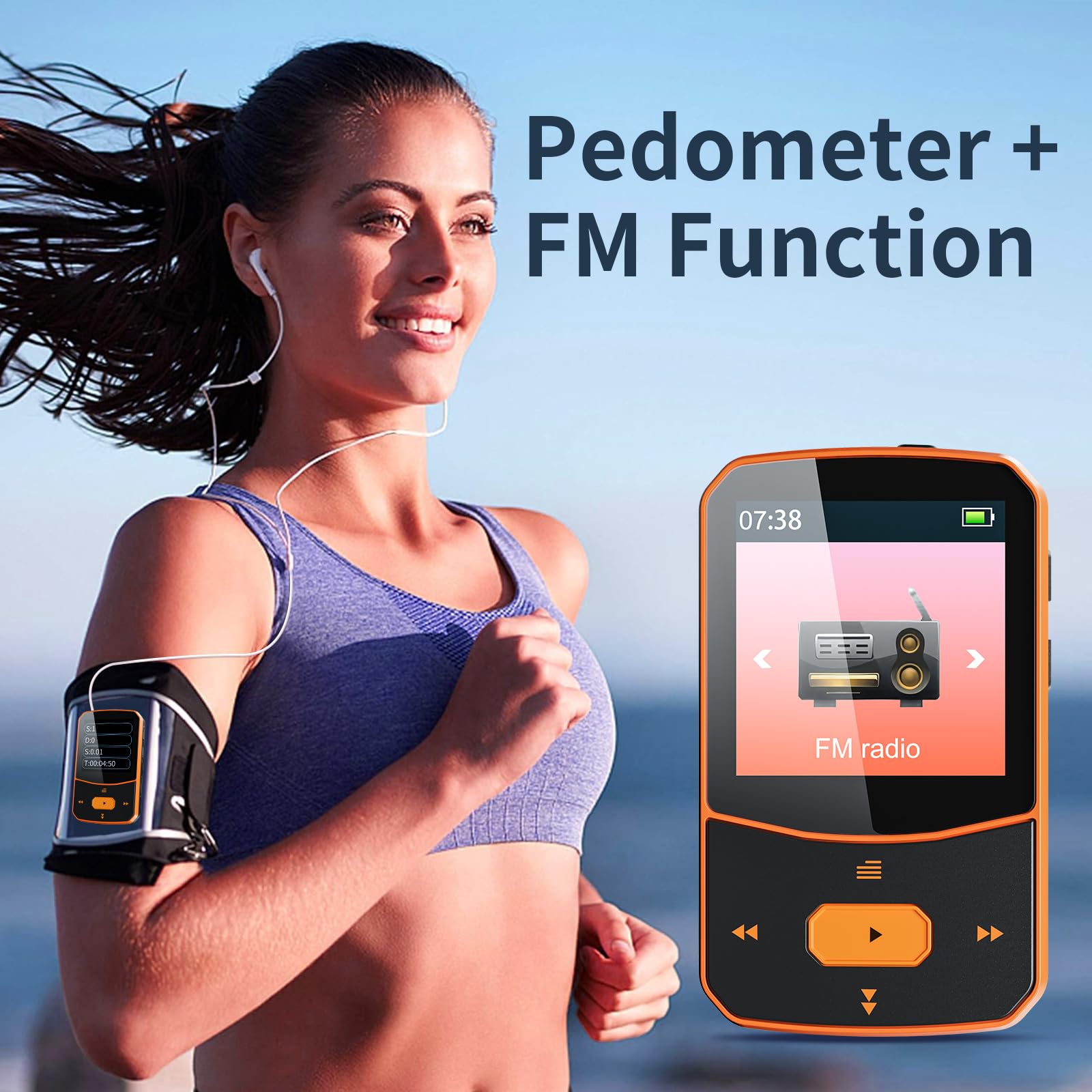 Lecteur MP3 Bluetooth 5.3 64Go Avec Clip - Écran Tactile + Boutons, Radio FM, Haut-parleur - Extensible à 128Go, Pour Sport
