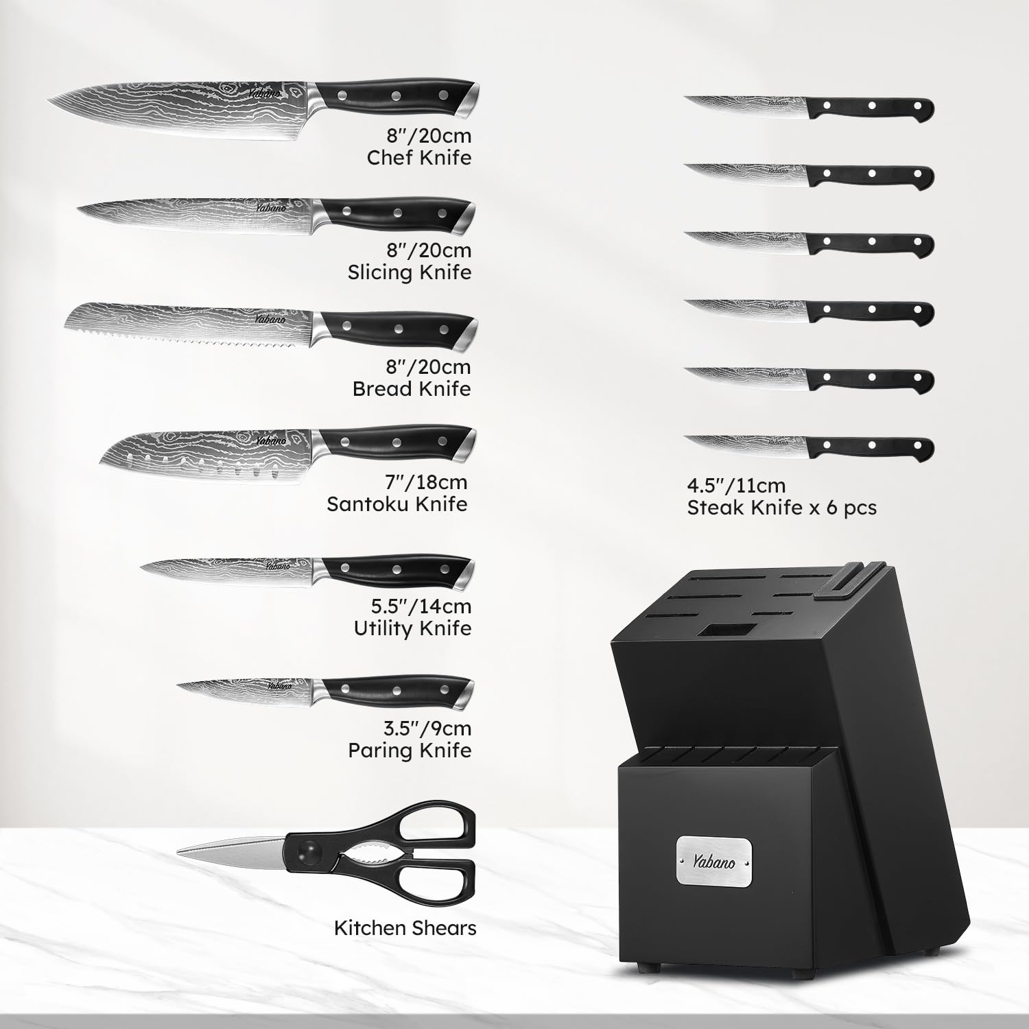 Yabano Messerblock Set, 14-teilig Küchenmesserset Edelstahl, Messer Set mit Block und integriertem Messerschärfer, geschmiedete ABS-Griffe