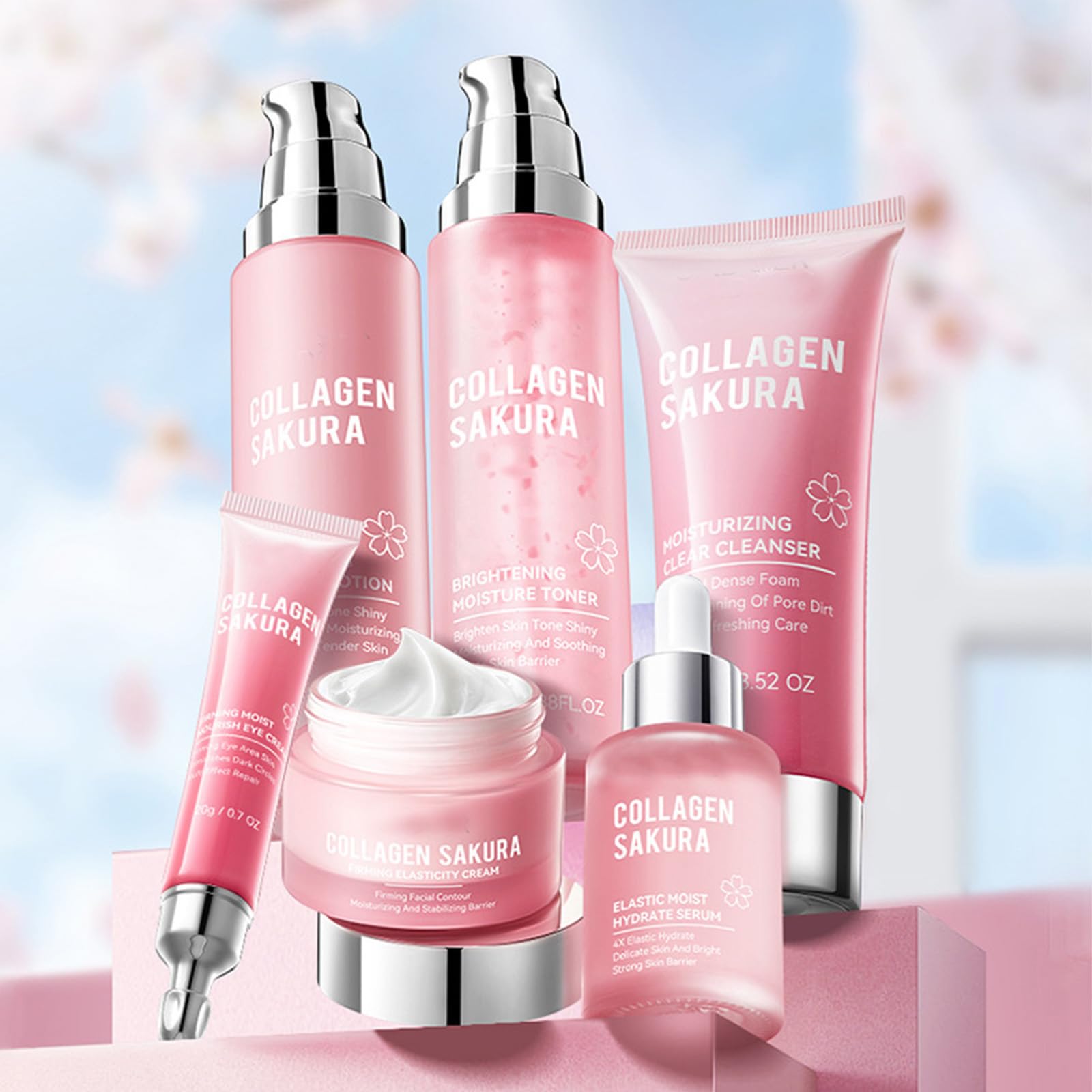 Kirschblüten-Hautpflege-Set, Kollagen-Kirschblüten-Geschenk-Set, Hautpflege für Teenager, Mädchen und Frauen, 6-teiliges Gesichtspflege-Set mit Reiniger, Toner, Lotion, Gesichtscreme, Augencreme
