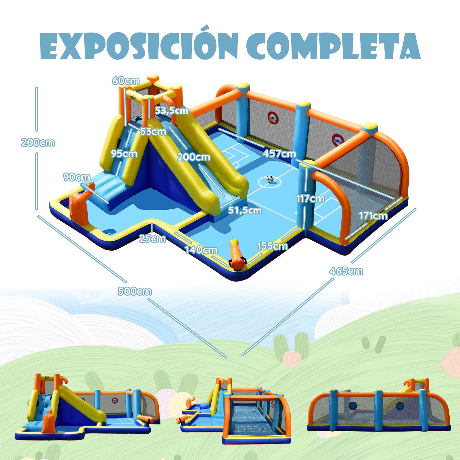 COSTWAY Tobogán Acuático Inflable con Tema Fútbol, Casa Inflable con Compresor, Tobogán Inflable Mojado Seco con Piscina, Pared para Escalar, Doble Hidrante, Zona para Fútbol, Soplador
