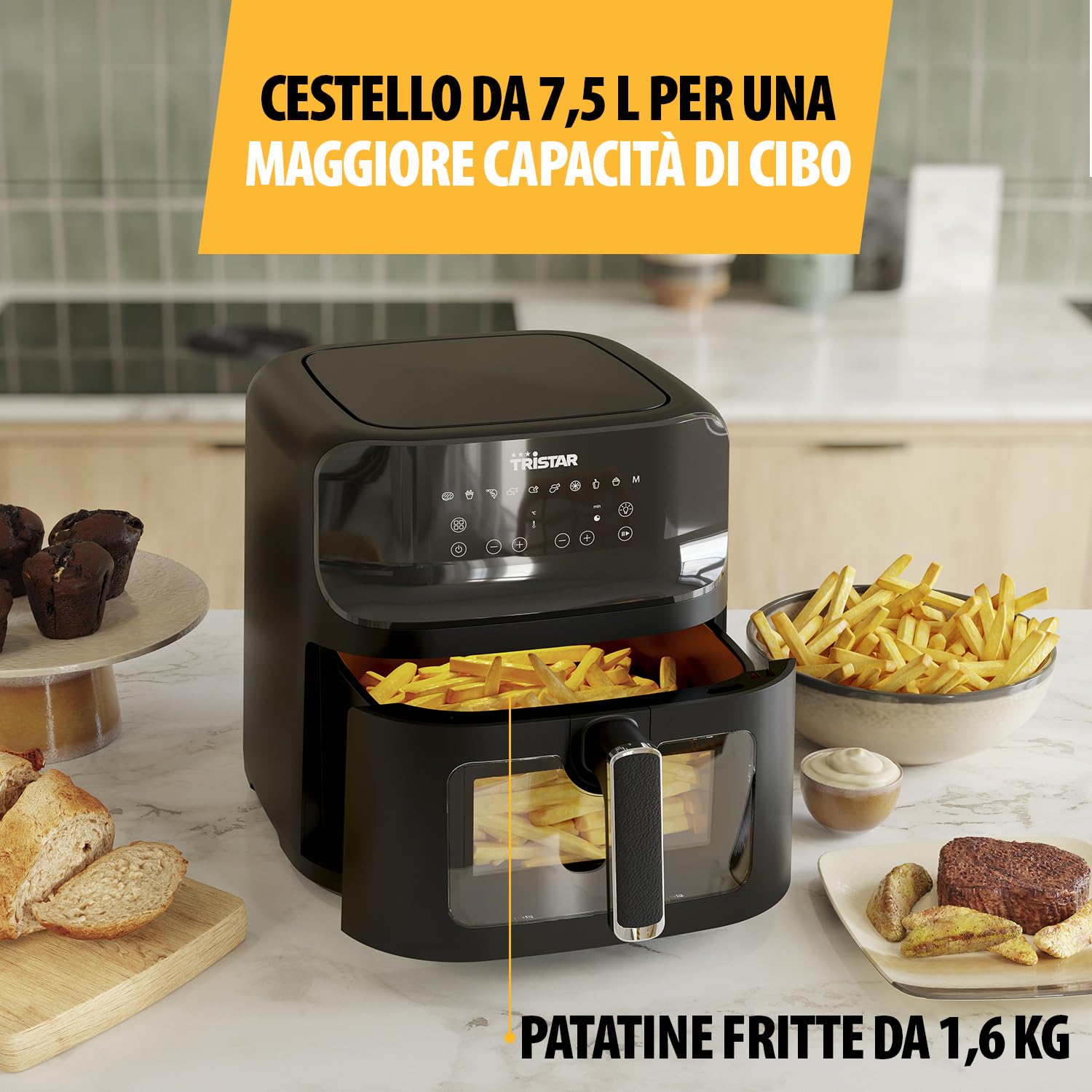 Tristar Friggitrice ad Aria con finestra di visualizzazione - 10 programmi di cottura - Rivestimento antiaderente - Protezione contro il surriscaldamento - 7,5 L - 1700 W - FR-9039