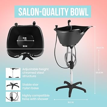 Dompel Portable Shampoo Bowl Washing Unit & Hair Sink for Salons, Home Care, Seniors & Disabled Chrome Steel Structure, Adjustable Height, 22L Capacity