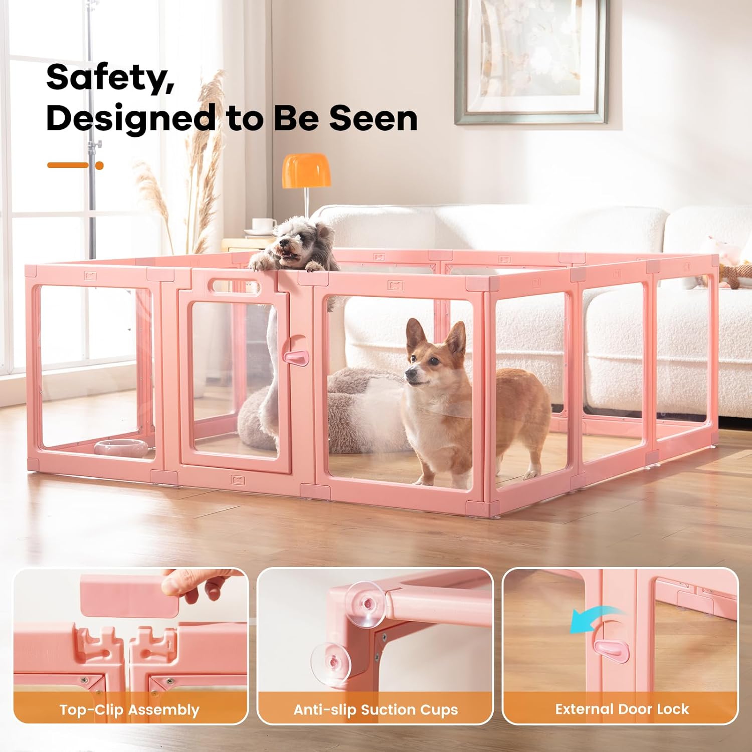Clear Acrylic Dog Playpen Indoor, Puppy Cat Small Pet Play Pen, Pet Cat Playpen for Rabbits, Dog Fence Crate Kennel Whelping Cage (Pink, 10 Panel)
