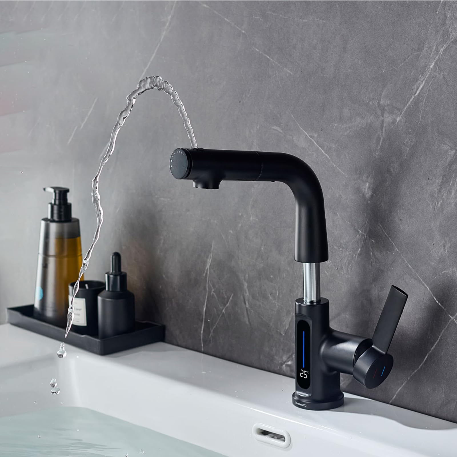 Rubinetto Bagno Lavabo Nero Doccetta Estraibile Con Della LED Temperatura | Miscelatore Lavabo Estraibile LakeBayMZC,Rubinetti Monocomando Bagno con Doccetta,Aeratore Rimovibile,Senza Piombo, Nero