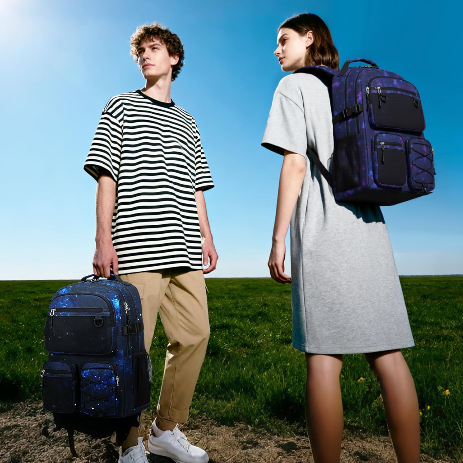 Lohol Multi-Pocket Backpack for Travel College, Heavy Duty Big Bookbag with 15.6 inch Laptop Compartment (Black Blue Galaxy - Image 2