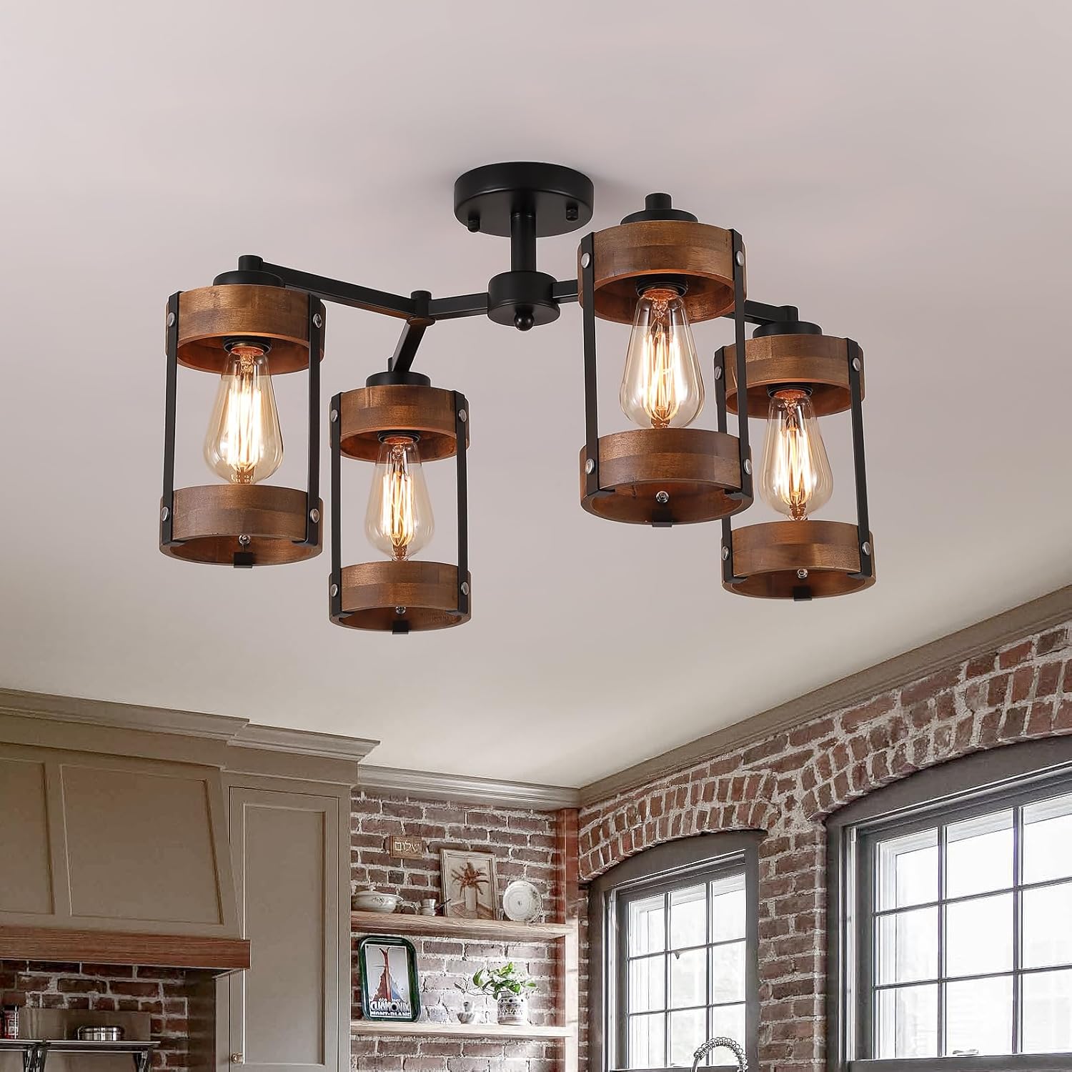 4-Light Large Rustic Farmhouse Wood Flush Mount Ceiling Light Fixture 23.6 inch Oak Wood and Metal Cage Semi Flush Mount Ceiling Light for Entry Hallway Dining Bedroom Living Room Farmhouse, Black