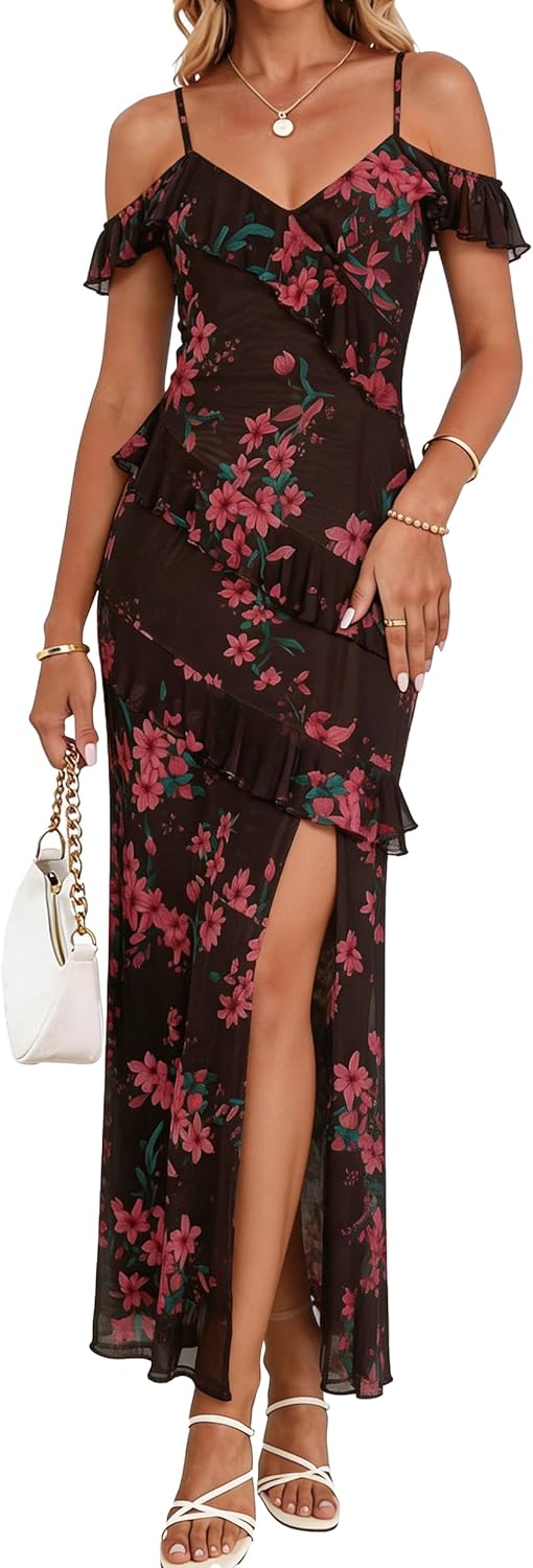 Women's Cold Shoulder Short Sleeve Split Thigh Boho Long Dress Beach Maxi Dress Summer Outfits