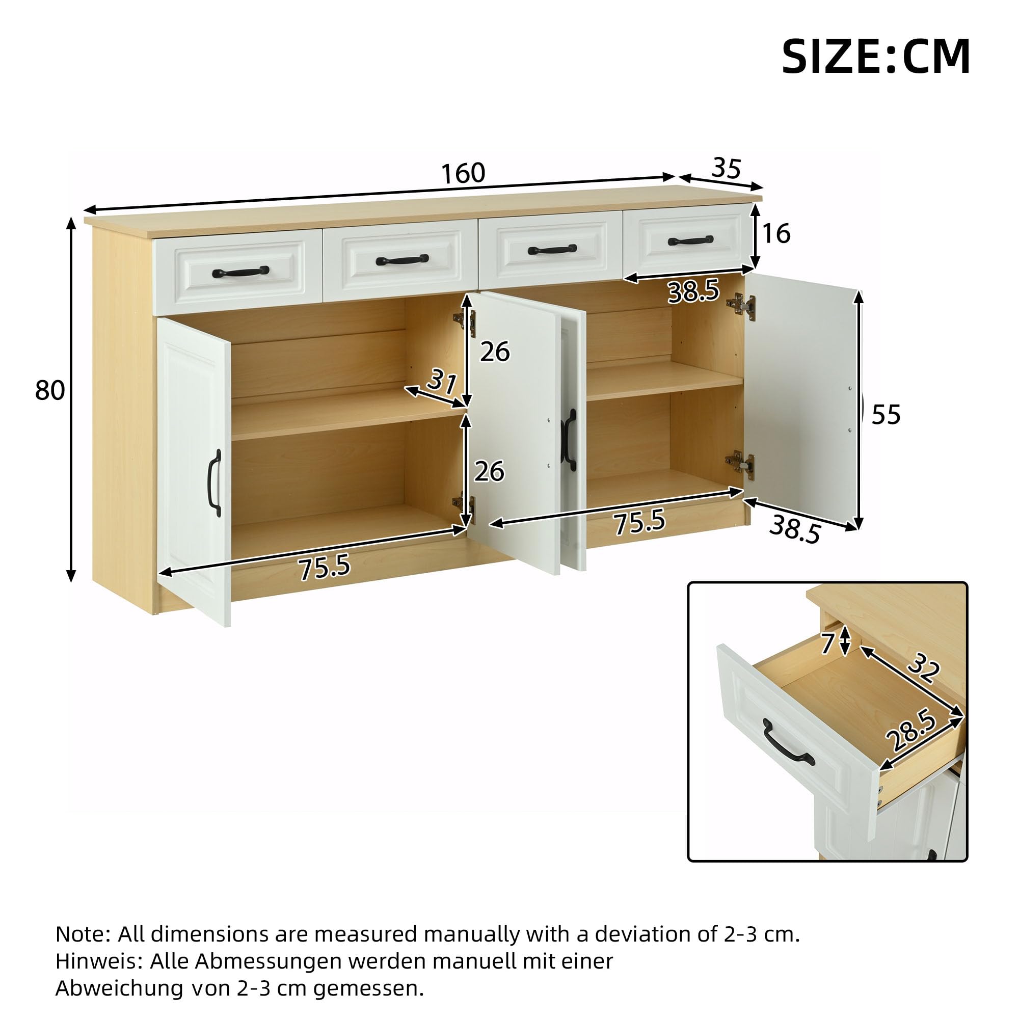 Wiuzo Sideboard,Kommode mit 4 Schubladen und 4 Türen,2 Ablageflächen,geriffeltem Design und 8 Metallgriffen,für Wohnzimmer,Schlafzimmer und Küche, 160x35x80cm,Weiß + Naturholzfarbe