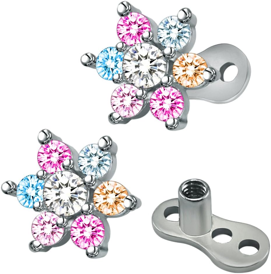 14g Flower Cubic Zirconia Dermal Anchor Tops and base Surgical Steel Microdermals Body Piercings