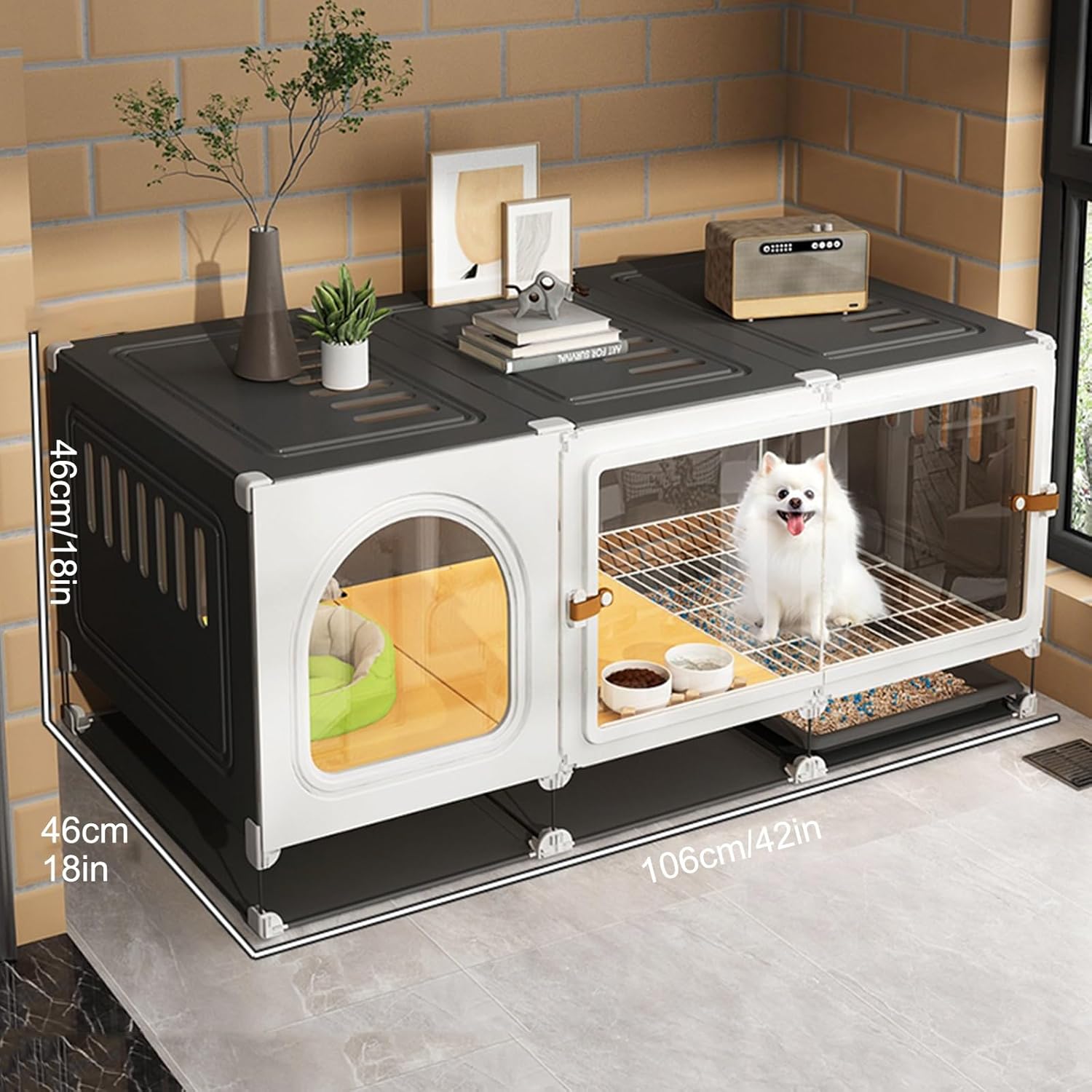 White Dog Crate with Separate Toilet, Easy Clean Pull-Out Tray, Ideal for Small Dogs, Pet Crate with Hygiene Features, Space-Saving Design, Comfortable & Convenient