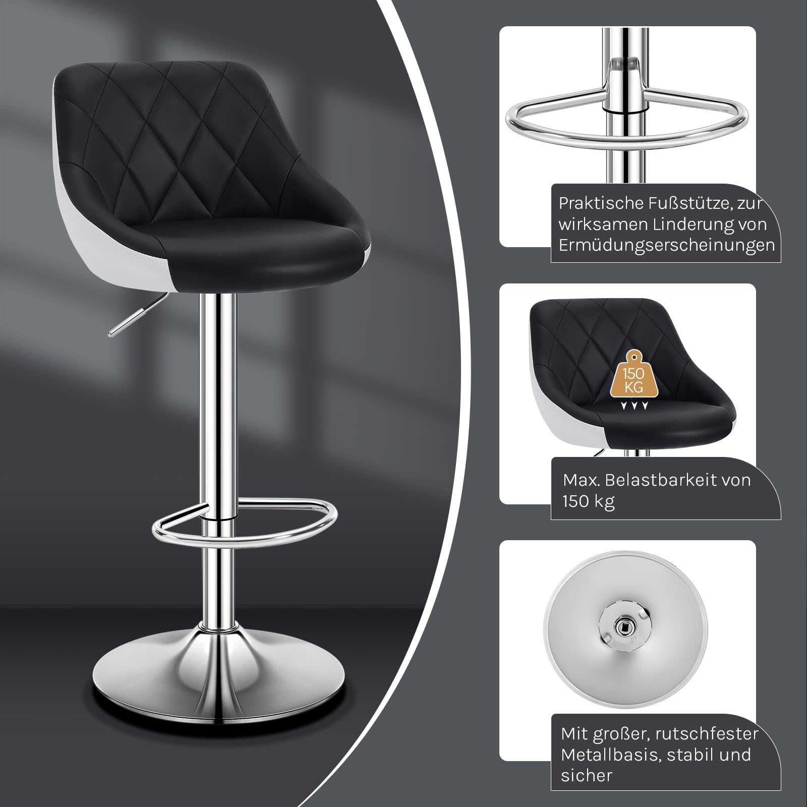 WOLTU Barhocker 1er Set, Barstuhl Höhenverstellbar, PU-Bezug, Schwarz+Weiß | Drehbarer Bar Stool mit Rückenlehne und Fußstütze, rutschfeste Metallfüße, für Küche und Hausbar