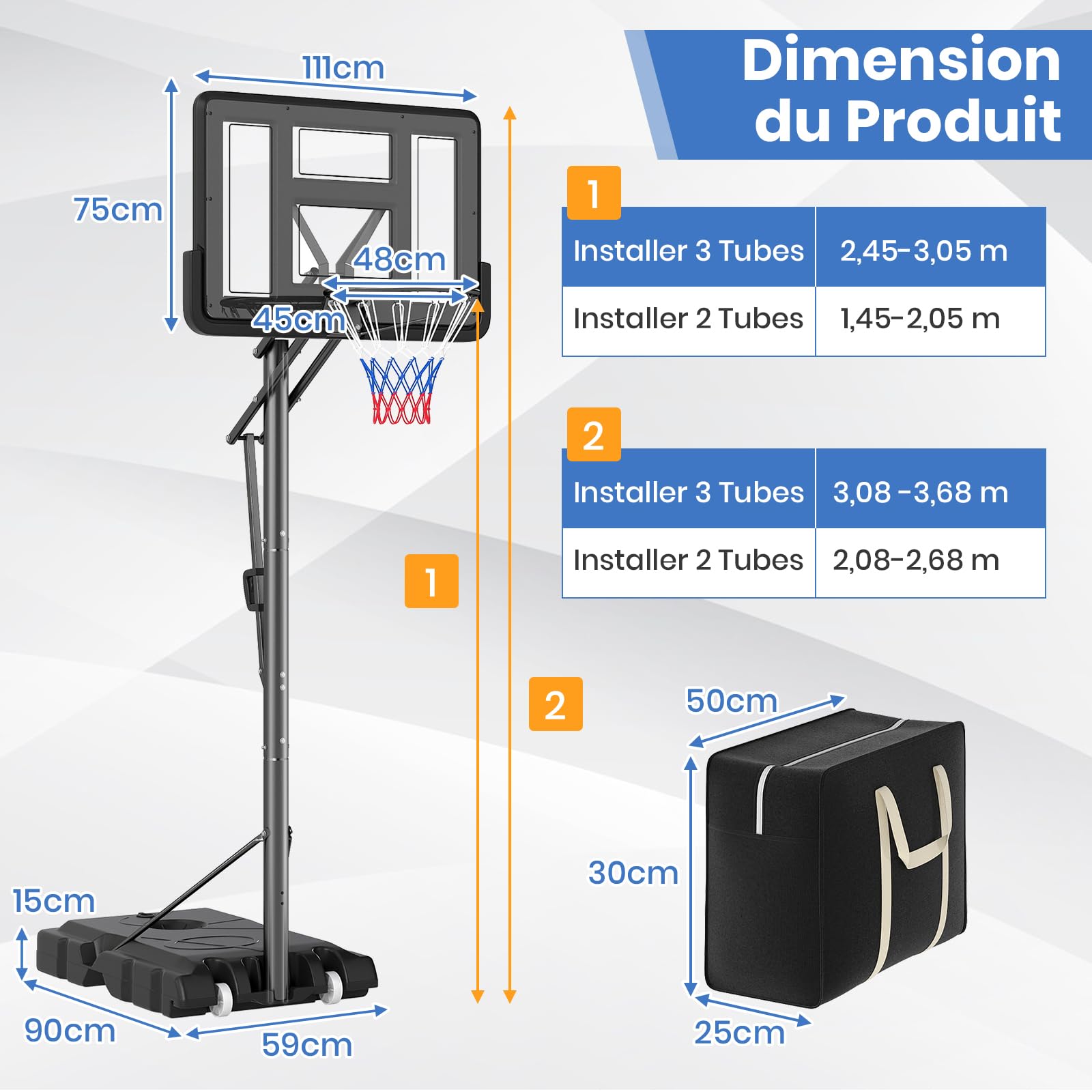 GYMAX Panier Basket Extérieur avec Sac de Poids, Hauteur Réglable 143-305/240-305 cm, pour Enfants Adultes Adolescents, Mobile avec Roues, Base Stable Remplissable
