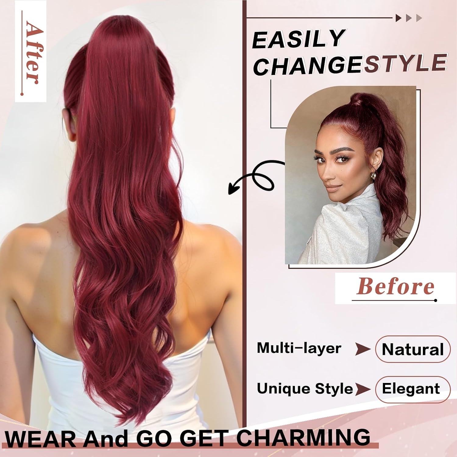 Ponytail Extension, Drawstring Ponytail Extension for Women 26 Inch Long Wavy Pony Tails Hair Extensions Synthetic Clip in Ponytail Hairpiece for Women(Bug) image 2