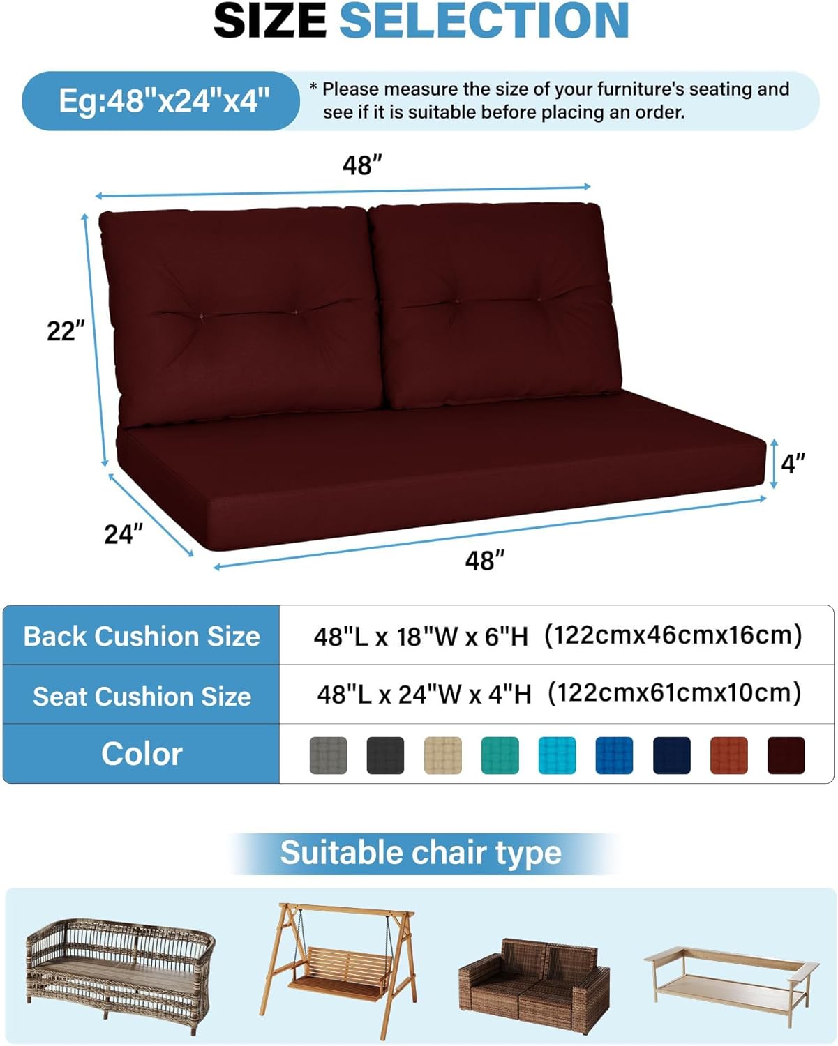 YEFU Outdoor Loveseat Cushions for Patio: Outdoor Chair Cushions - 48 x 24 Waterproof Replacement Patio Furniture Cushions - Deep Seat and Backrest Cushion Set for Patio Couch Bench Swing - Wine Red