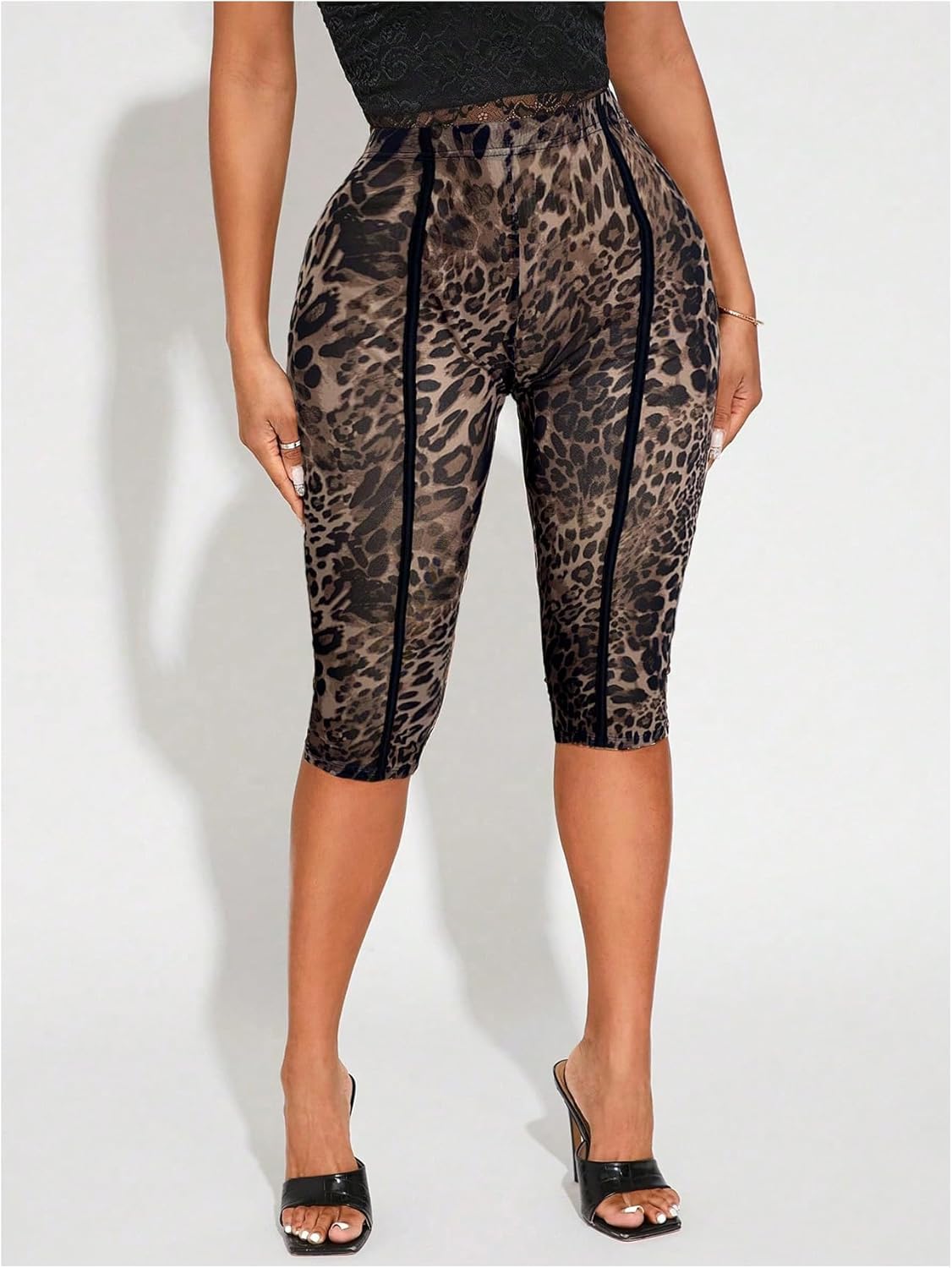 GORGLITTER Women's Leopard Capri Pants Leggings Mesh Cheetah Print Cropped Leggings 3/4 Length Club Yoga Going Out Pants - Image 3