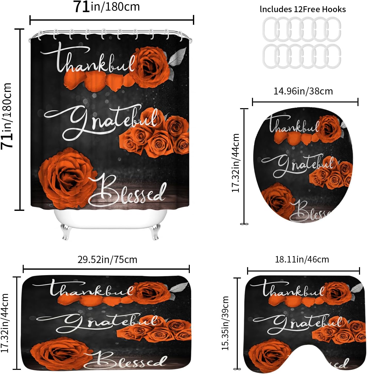 Onalasyc 4Pcs Orange Rose Shower Curtain Set with Rugs Waterproof Bathroom Sets with Shower Curtain and Rugs Romantic Rose Floral, Thankful Grateful Blessed Bathroom Curtains Shower Set,with 12 Hooks
