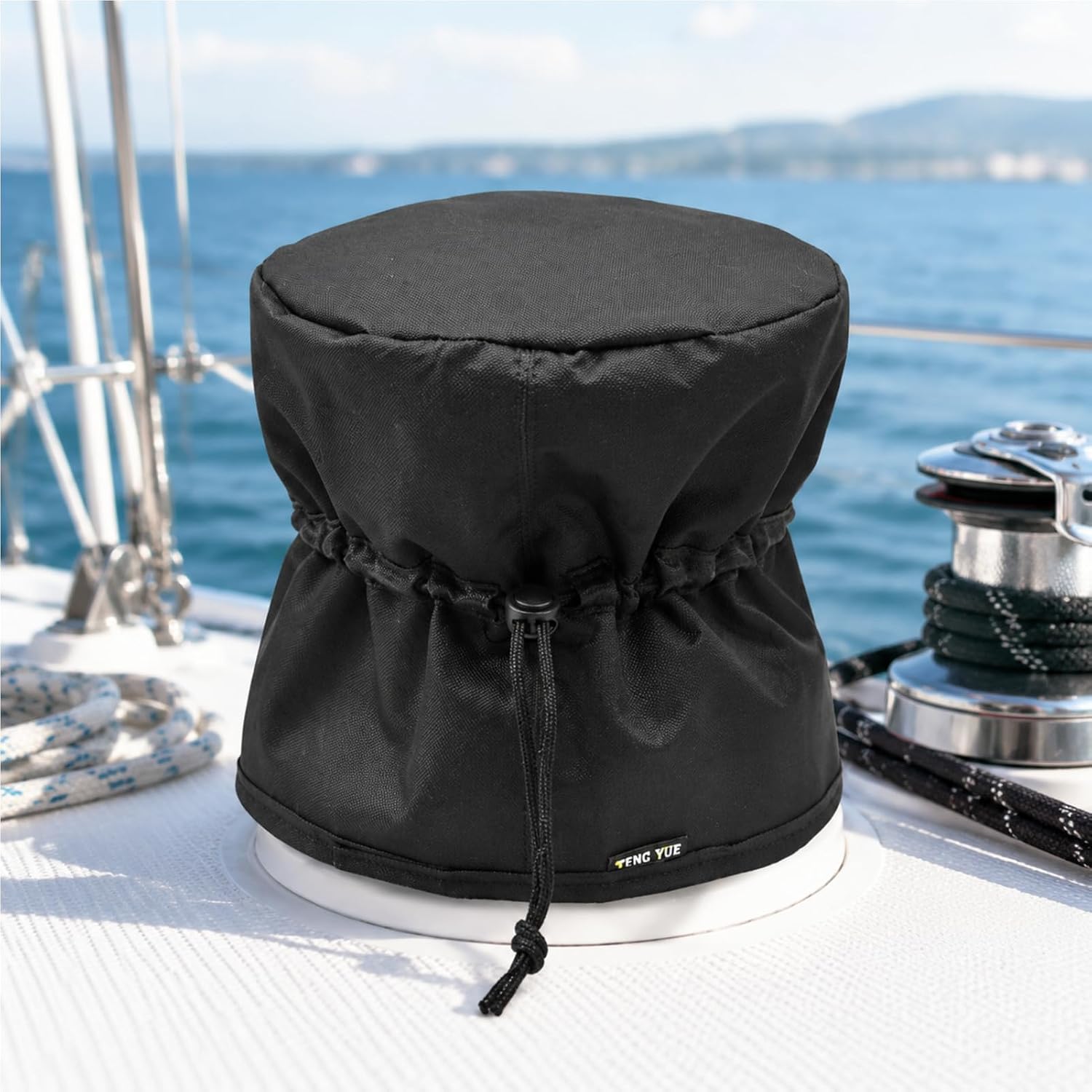 Sailboat Winch Cover, 600D Oxford with 190T Lining, Adjustable Cord Closure, Black 5.9" × 5.9" for Marine Deck Use