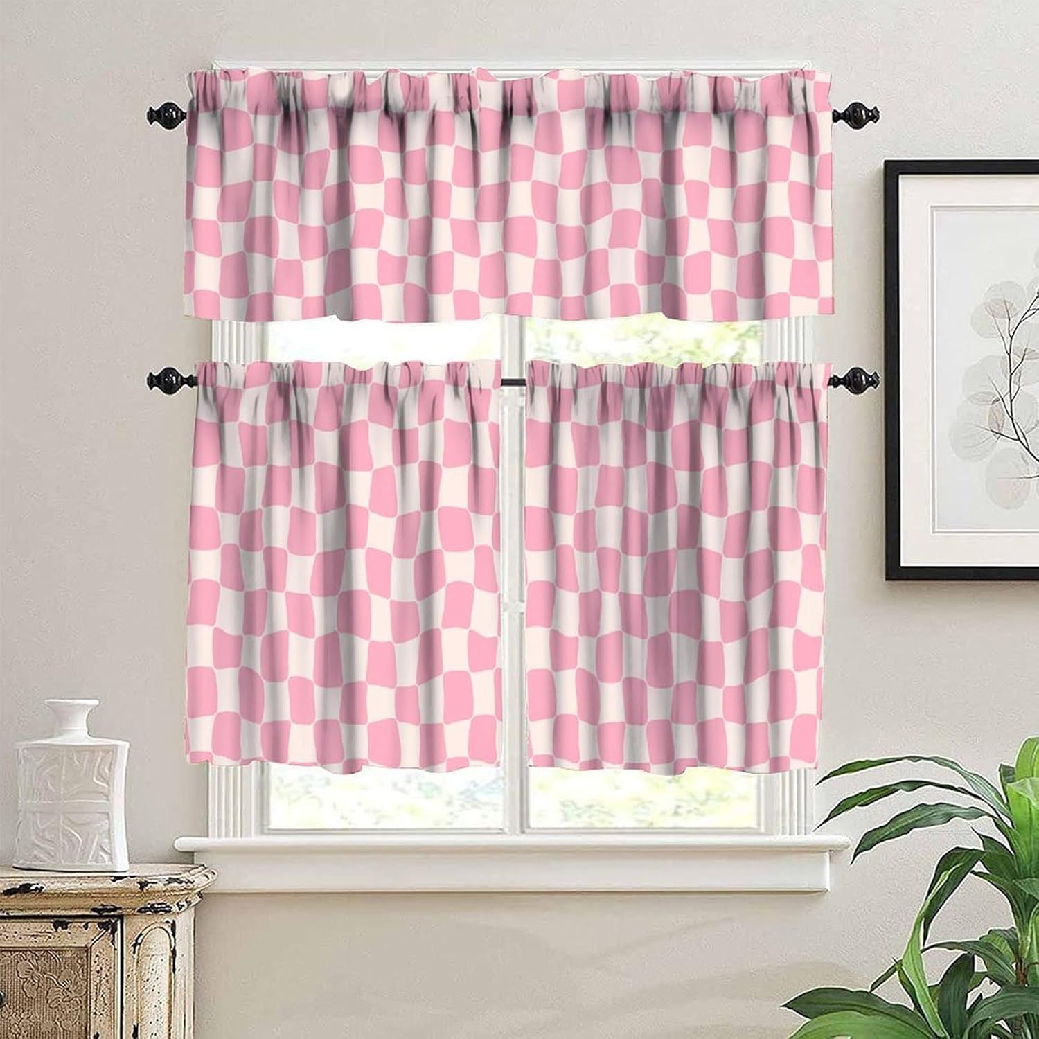 Hippie Retro 70s Curtains Boho Groovy Pink Twisted Checkered Funky Modern Geometric Windows Curtain Valance for Kitchen Dining Room Bedroom Decor One Panel 54x18 Inch + 27x24 Inch X 2