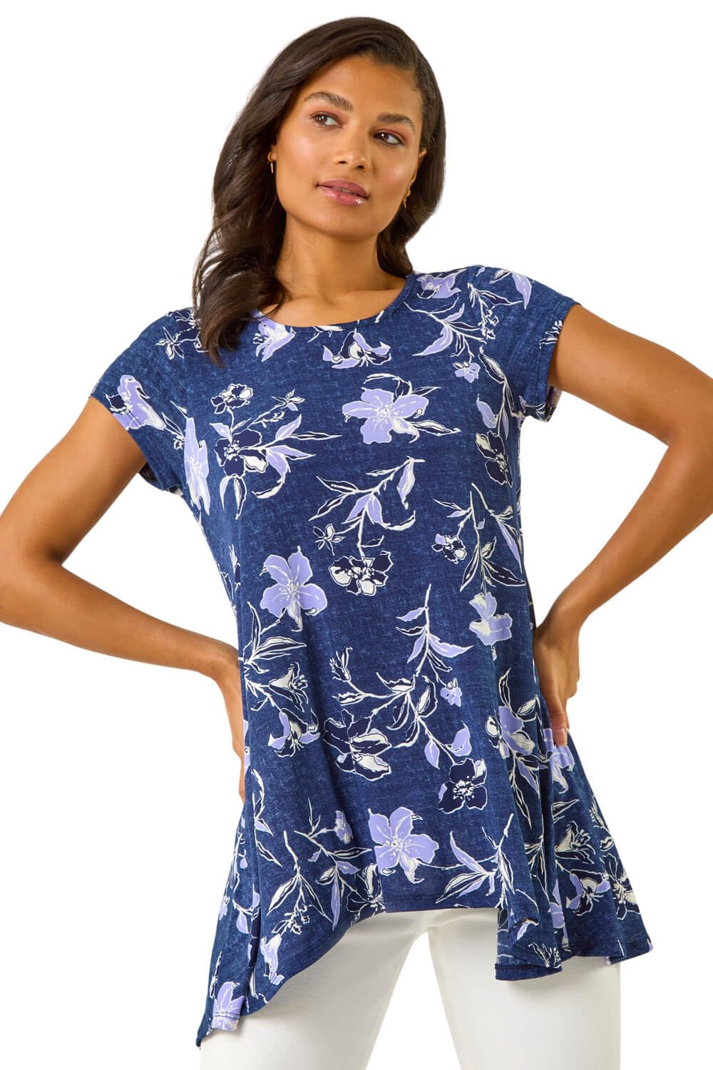 Roman Originals Hanky Hem Tunic Top for Women UK - Ladies Longline Blouse Asymmetric Hemline Sleeves Short Sleeve Casual Slouch Loose Summer Spring Relaxed Comfortable Holiday - Lilac - Size 12