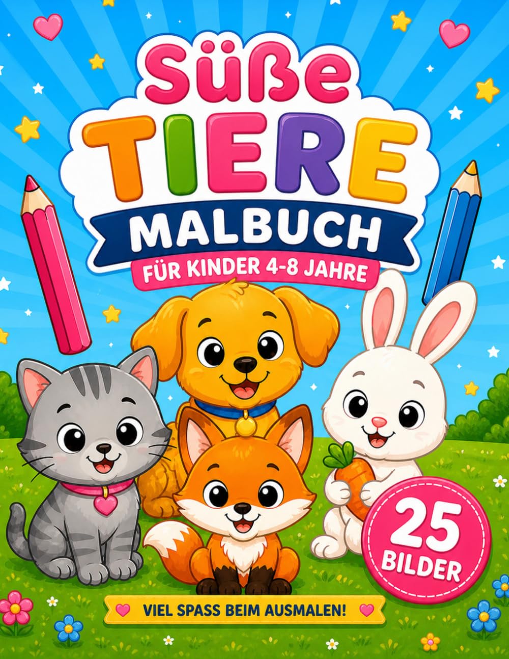 Süße Tiere Malbuch: Für Kinder 4-8 Jahre - 25 einfache Tiermotive zum Ausmalen | Fördert Kreativität & Konzentration