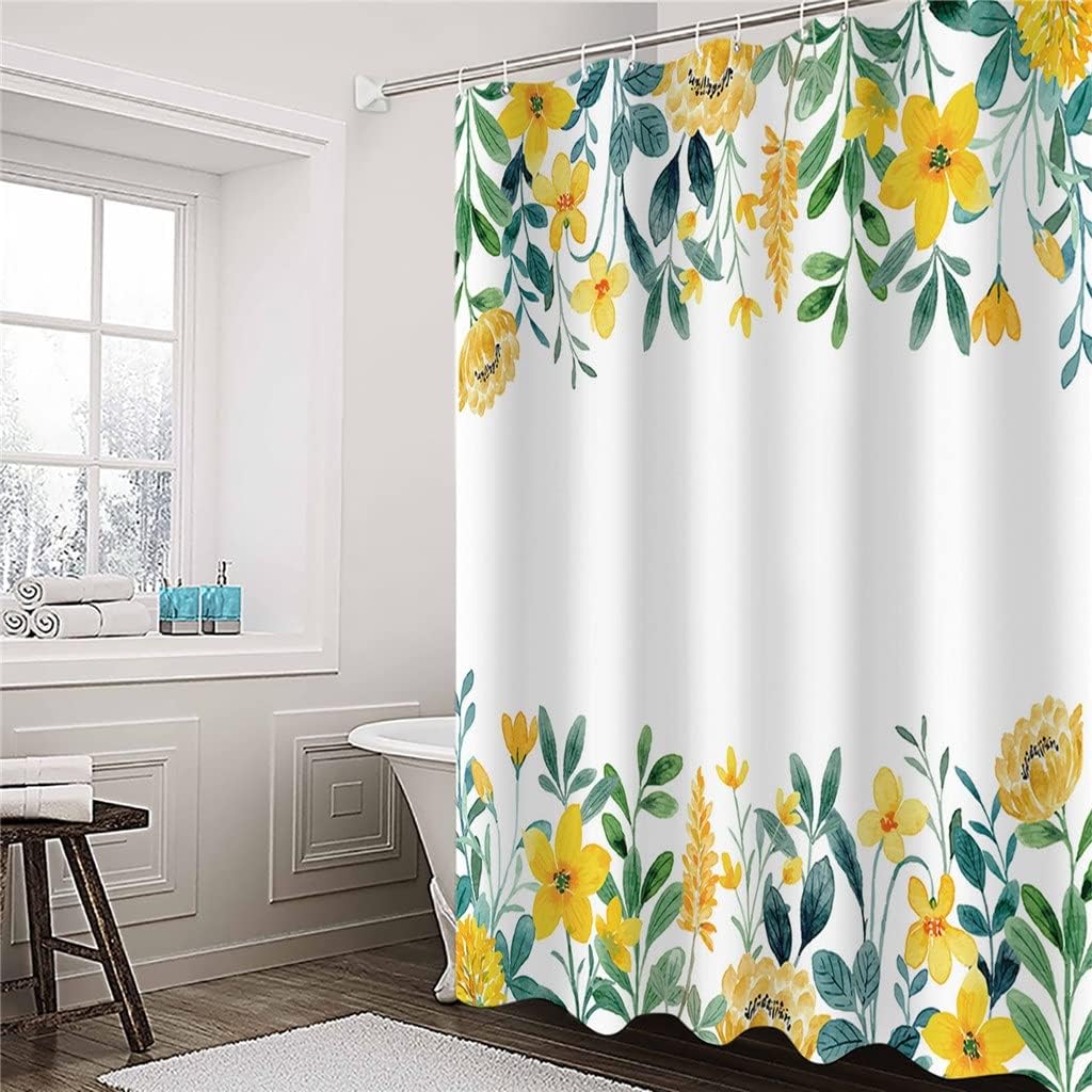 Spring Yellow Flower Watercolor Shower Curtains Waterproof Polyester Bath Curtain Bathroom Decor(183x183cm)