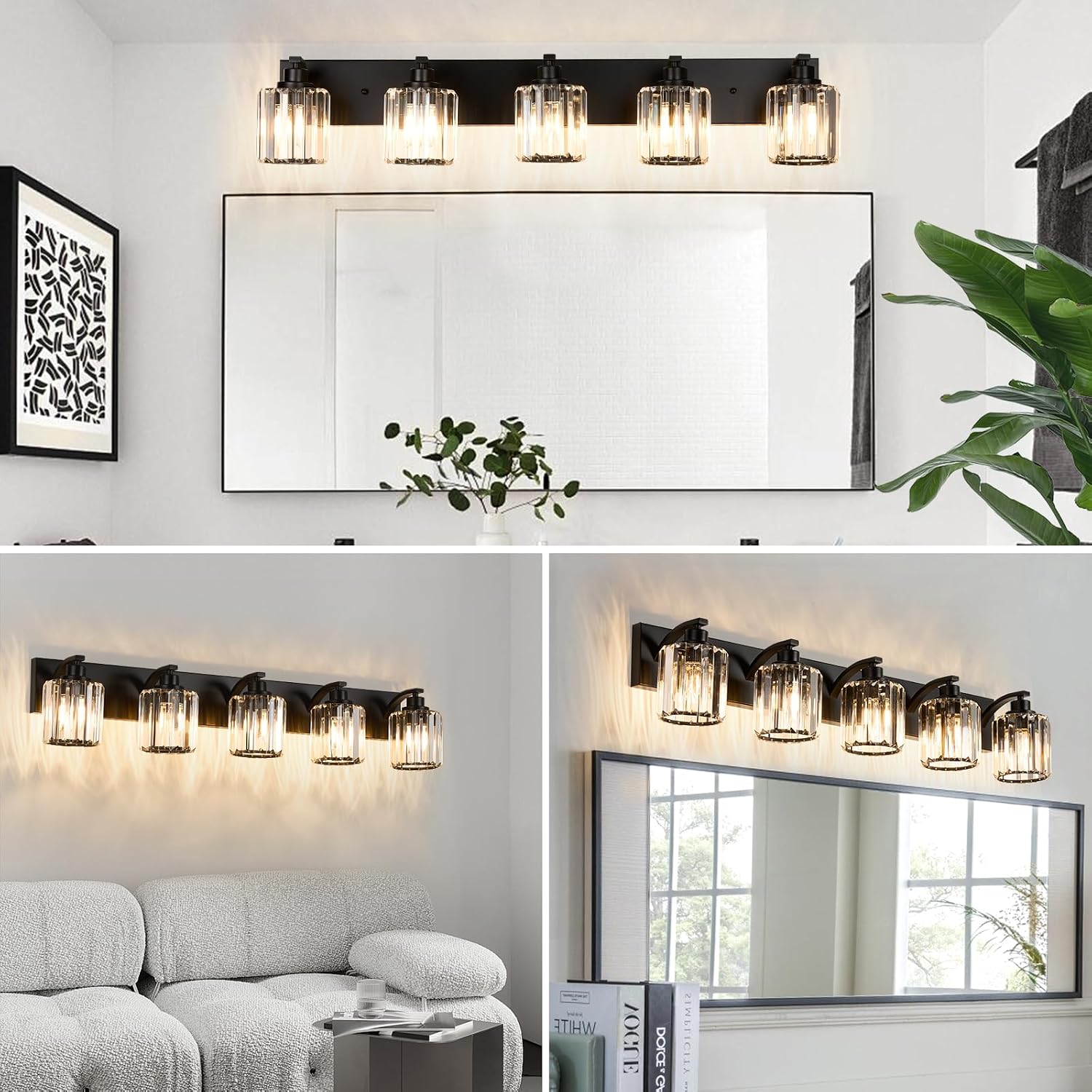 5 Lights Crystal Bathroom Vanity Light Modern Black Bathroom Light Fixture Over Mirror Vanity Lights for Bedroom,Restroom,Hallway E26 Base