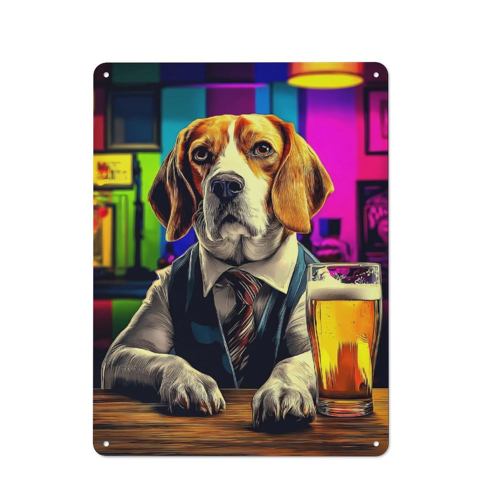Junmoney Beagle In Suit Enjoying Beer At Bar Modern Retro Metal Wall Decor 40X30cm, Metal Wall Sign For Loft, Studio, Office Or Creative Room