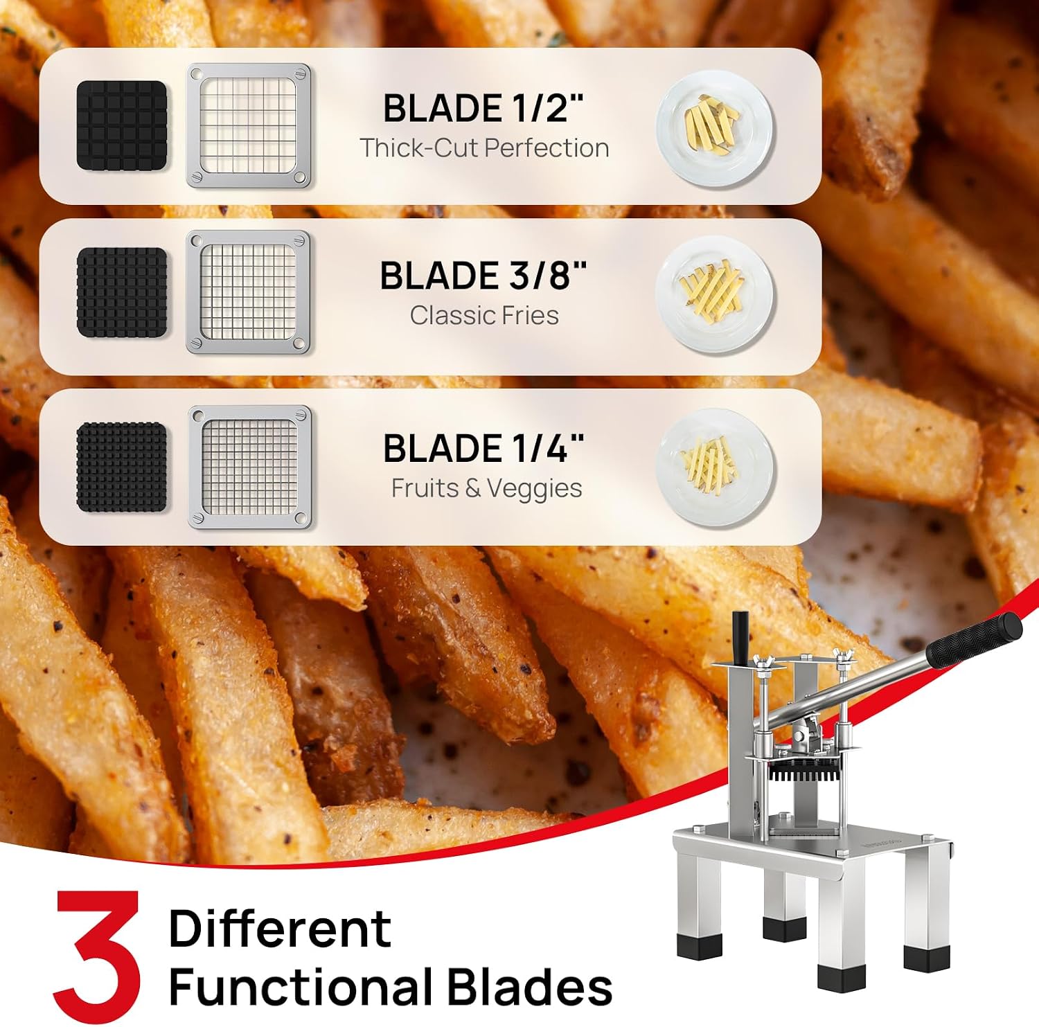 French Fry Cutterr,Professional Potato Cutter Slicer with 3/8, 1/2, 1/4 Stainless Steel Blades Stainless Steel Vegetable Chopper for Potato,Carrot,Cucumber,Onion,Home Use