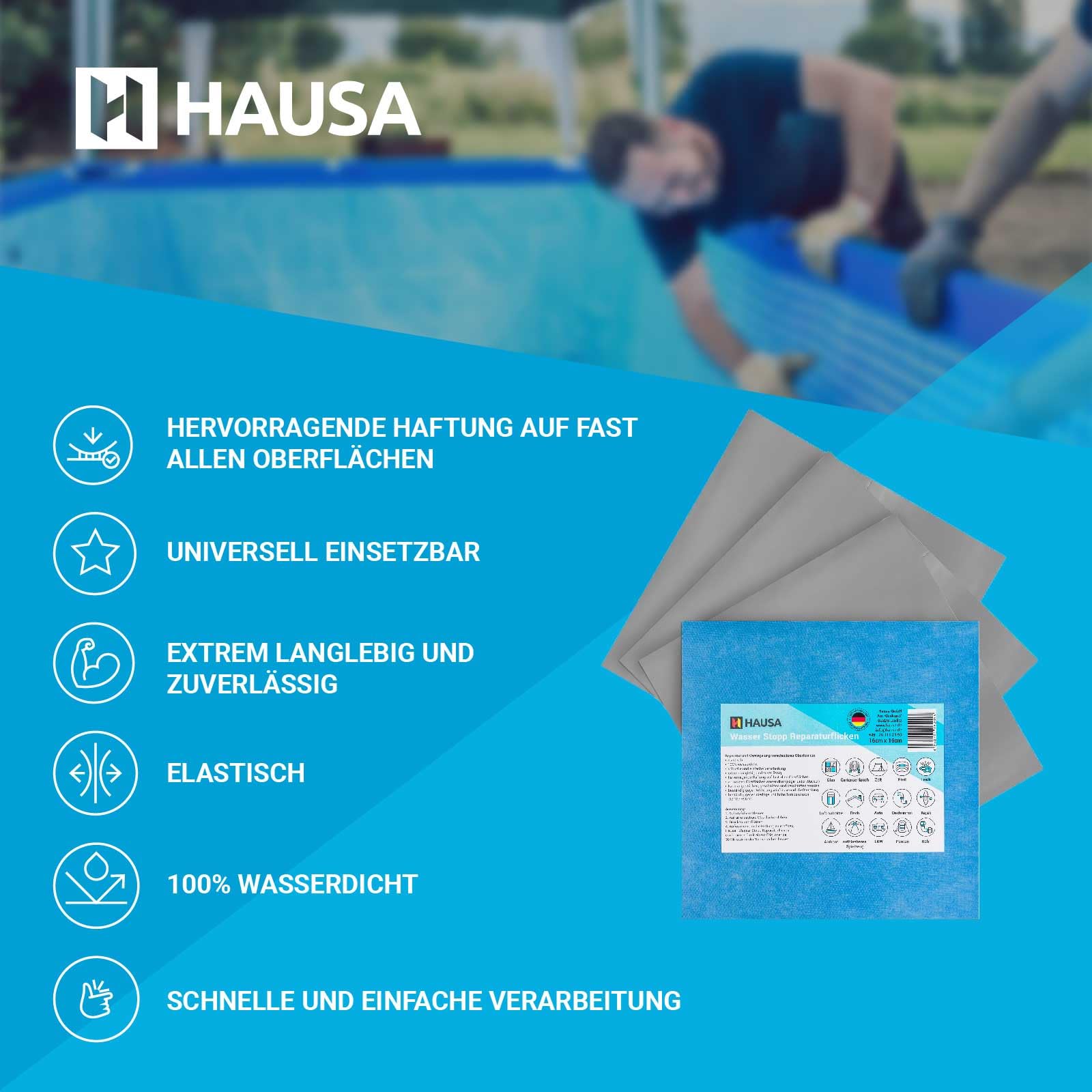 Hausa Pool Reparatur Wasser Stopp Reparaturflicken 16x16cm Selbstklebender Flicken selbstverschweißendes Dichtungspflaster für alle Oberflächen zum Abdichten, Reparieren, auch unter Wasser 10 Stück