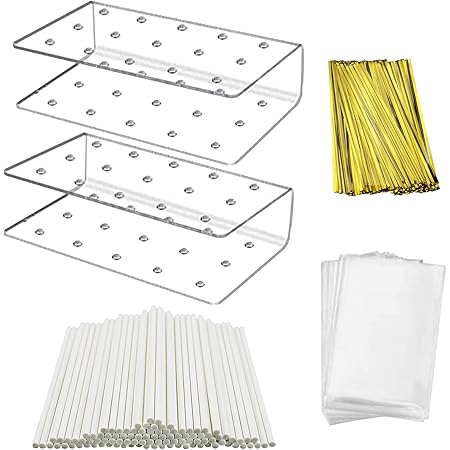 Acrylic Lollipop Holder,2PC Cake Pop Stand Display Cake Pop Holder 100PCS Lollipop Sticks 100PCS Clear Treats Bags and 100PCS Gold Metallic Twist Ties for Candy Cake Pop Making Tools