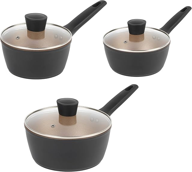 Russell Hobbs COMBO-7895 Opulence Saucepan Set, Including 16, 18 and 20 cm Pans with Tempered Glass Lids, Induction and Dishwasher Safe, PFOA Free, Black and Gold, 3 Piece Set