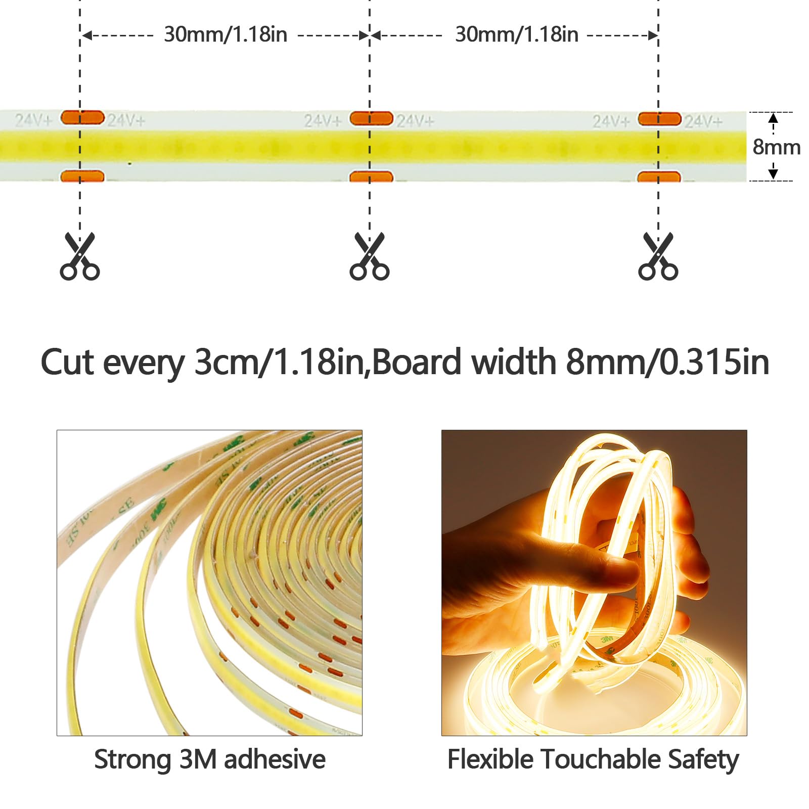 GOMING 10M/32.8ft 24V COB LED Strip Light Waterproof IP65 Warm White 3000K Uniform Glow 3840LEDs CRI 93+ Flexible LED Tape Lights for DIY Cabinet Bedroom Kitchen Home Decor(No Power Supply) - Image 2