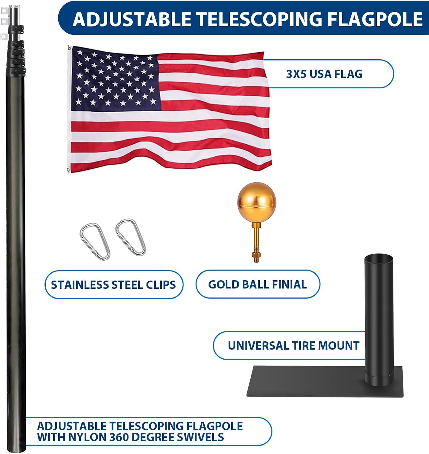 20FT Telescoping Flag Pole, Heavy-Duty Aluminum Alloy Tailgate Flag Pole with Tire Bases, Portable Flag Poles for Outdoor Activities Such as RVs, Trucks, Car Tailgates, Camping