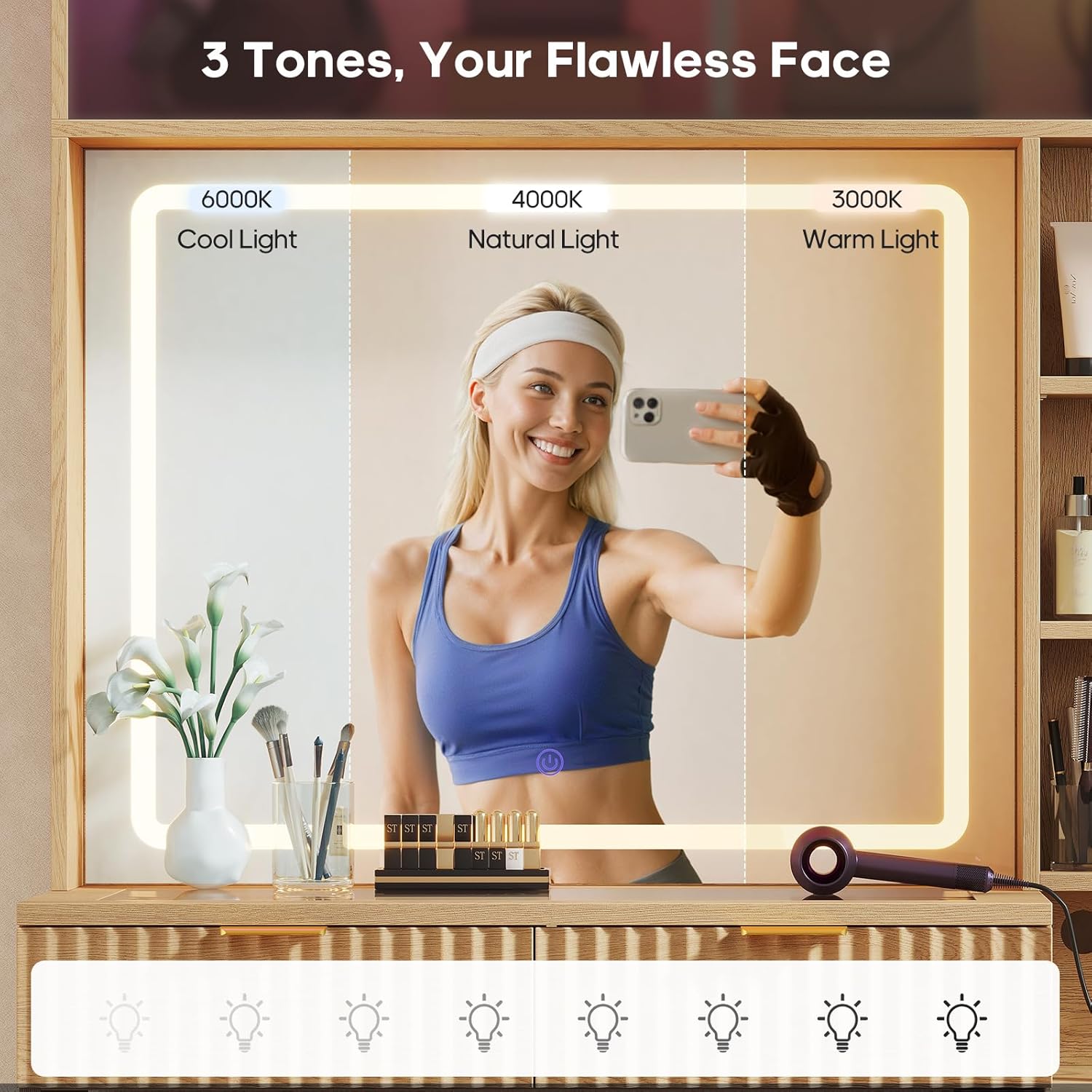 HAUOMS VT05 Vanity Mirror showing three light tones: Cool Light, Natural Light, and Warm Light.