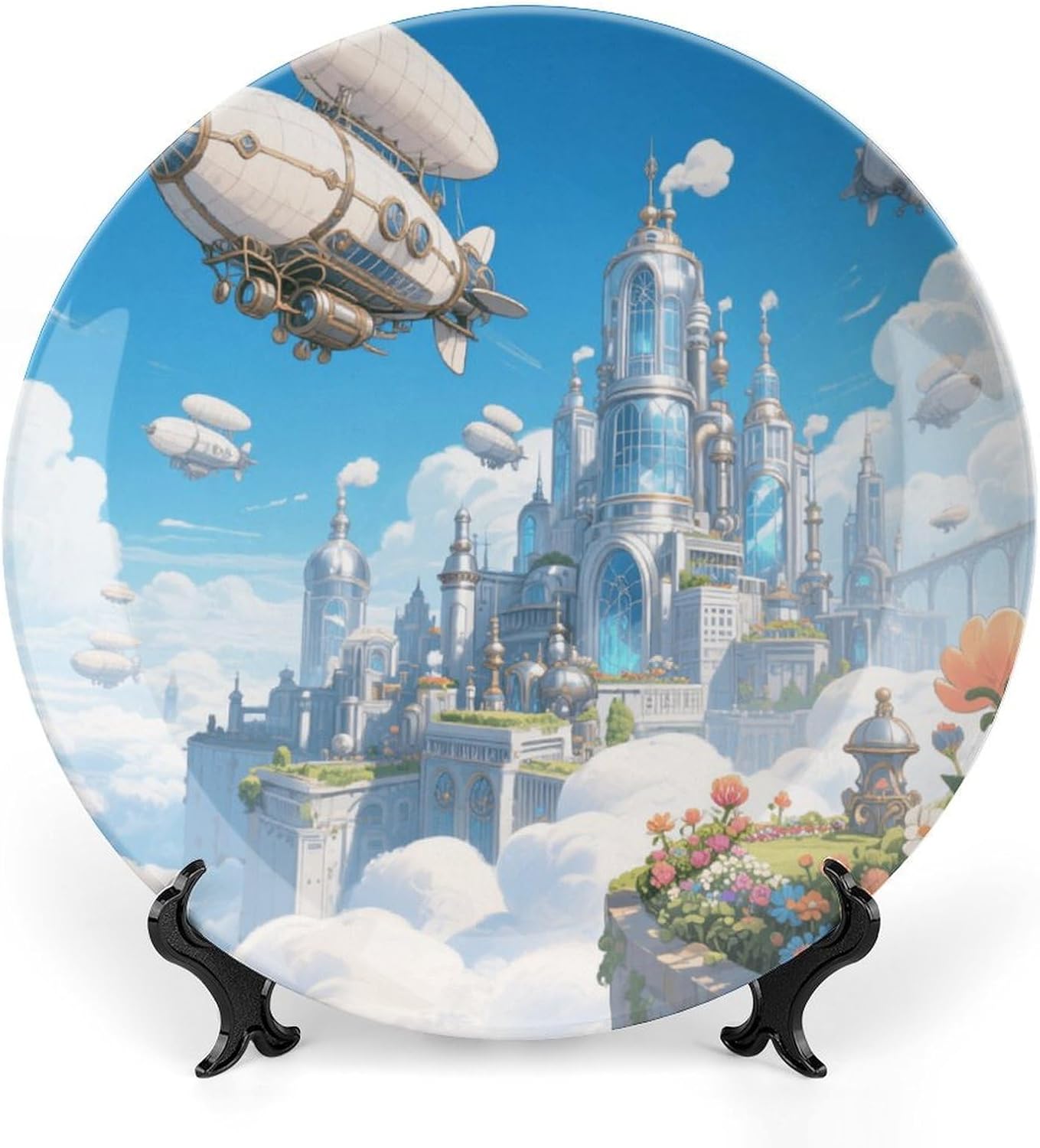 Bone China Decorative Plates Steam Airship Cloud City Ceramic Decorative Plate Wall Decor with Display Stand Ceramic Ornaments for Wall Hanging Decoration