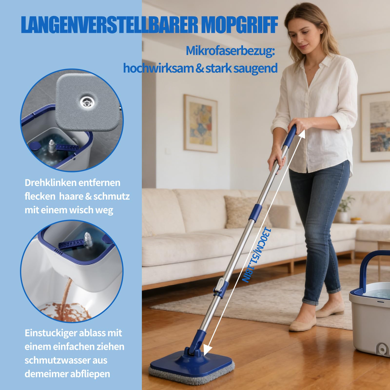 W&H Wischmopp Set mit Eimer,2-Kammer-System mit Auswringfunktion, Trennung von Frisch und Schmutzwasser,Bodenwischer mit 2 Mikrofaserbezügen für alle Bodenarten