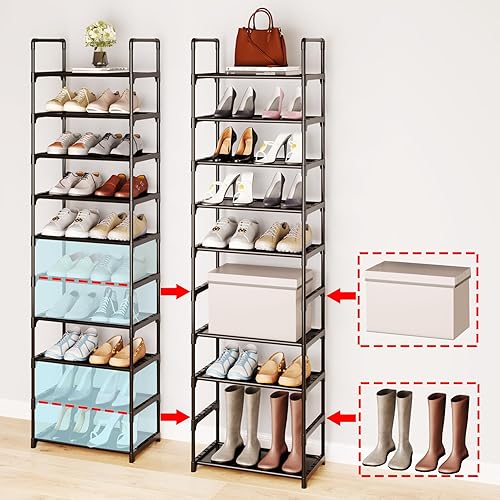 Miniatura 6 de Zapatero grande de 10 niveles, 20-25 pares de estantes resistentes para zapatos, soporte alto para zapatos de entrada, pasillo y armario (negro)