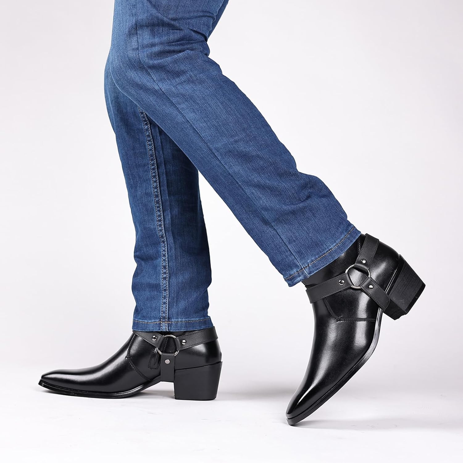 Men's Leather Chunky Heel Dress Chelsea Boots with Belt Buckle Fashion Classic Cap Toe Side Zipper Block High Heels High Top Formal Oxford Shoes Casual Business Chukka Booties - Image 6