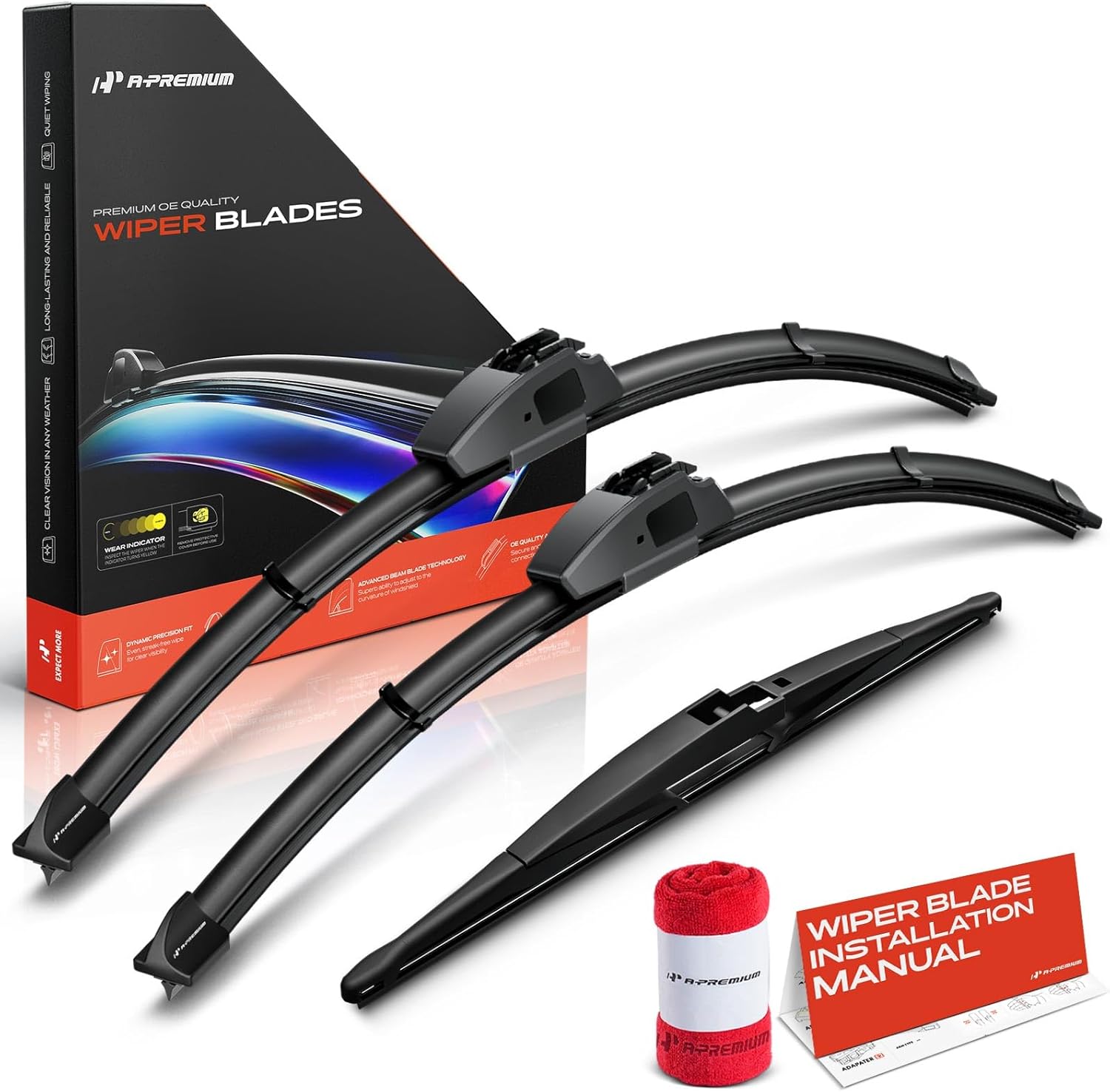 A-Premium 22"/19"/14" Windshield Wiper Blades Compatible with Mitsubishi Outlander 2003 2004 2005 2006 - Front Rear Wipers Blade for Hook/RL2 Arm Connector, with Wear Indicator & Towel (Pack of 3)