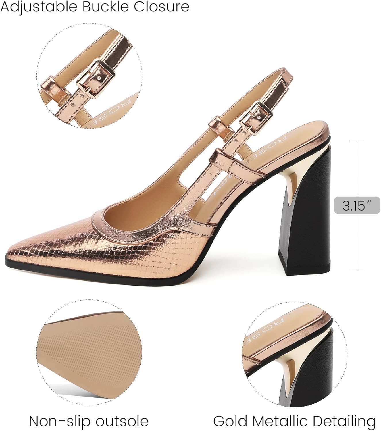 ROSERWISH Women's Slingback Pumps 3.5 Inch Block Heel - Rose Gold Pointed Toe Party Wedding Shoes | Slip-On Comfortable Dress Heels for Prom, Classic Sexy High Heels for Women Size 11.5