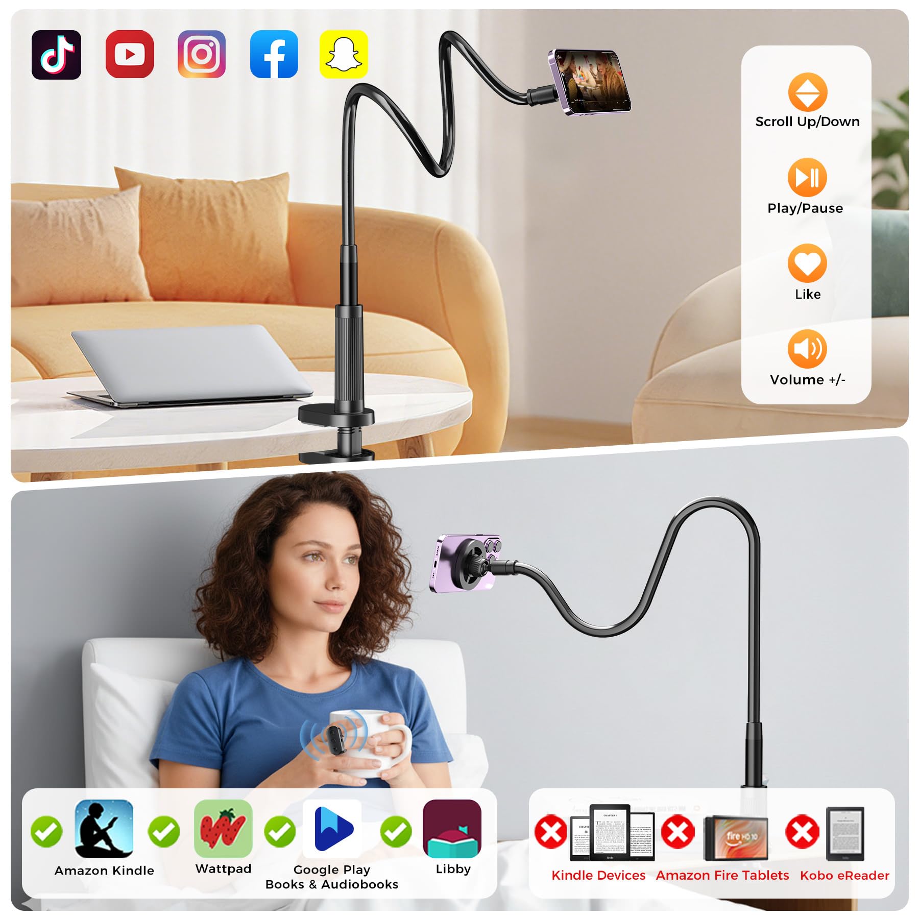 Supporto magnetico per telefono da letto sdraiato con girapagine, supporto per telefono cellulare a collo di cigno con clicker da lettura, braccio lungo flessibile a 360° con anello di