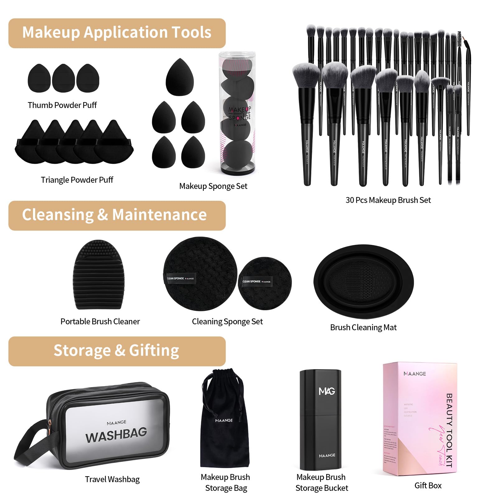MAANGE 51-Piece Makeup Brush Set with Sponges and Puffs