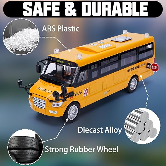 Crelloci School Bus Toy, Die Cast Model Car with Flashing Lights & Sounds, Friction Powered, Back & Side Doors Open, Large Yellow Metal Toy Vehicles, Play Bus Easter Gift for Kids Toddlers Ages 3+