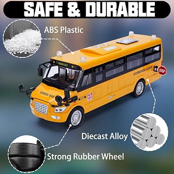 Crelloci School Bus Toy, Die Cast Model Car with Flashing Lights & Sounds, Friction Powered, Back & Side Doors Open, Large Yellow Metal Toy Vehicles, Play Bus Easter Gift for Kids Toddlers Ages 3+