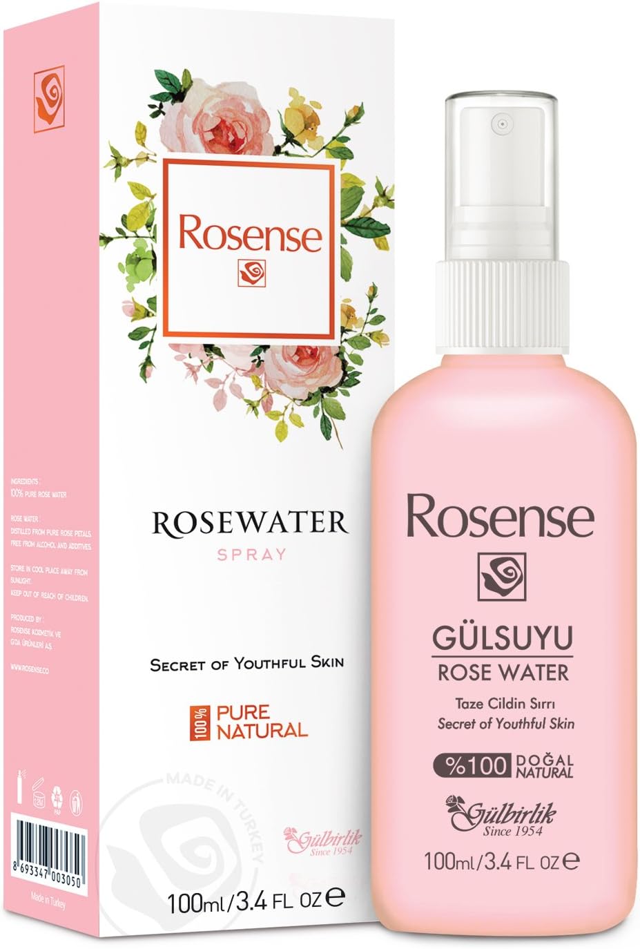 100% Pure Natural Vegan Turkish Rosewater Hydrating Face Mist/Rose Water Face Toner (No Additives, No Chemicals, No Preservatives) 100mL/3.4 Oz