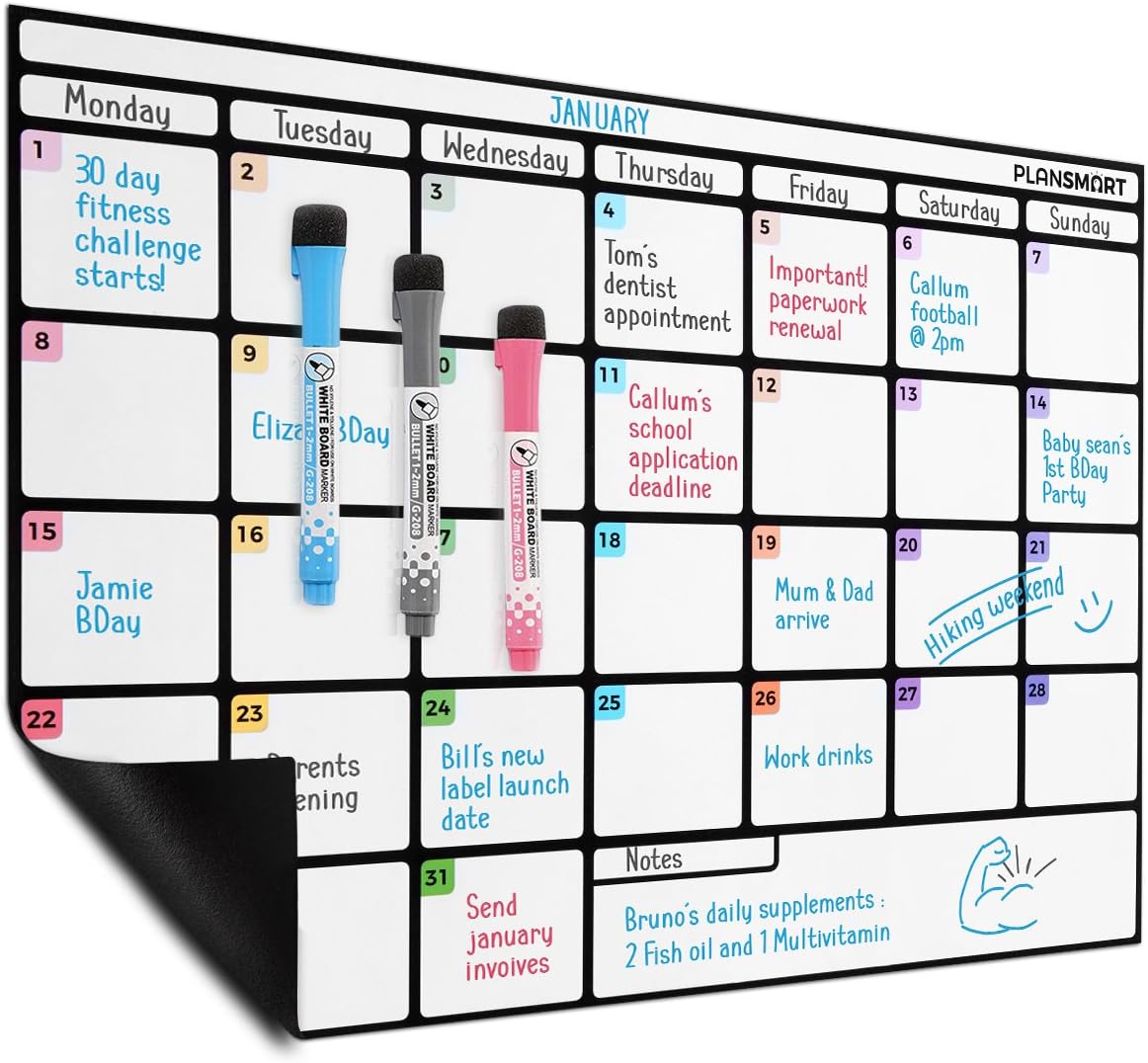 A3 Magnetic Dry Wipe Monthly Whiteboard Calendar by Plan Smart - Handy Monthly Planner Board - Ideal for Fridge - Bonus: 3 Quality Dry Erase Markers with Eraser Included