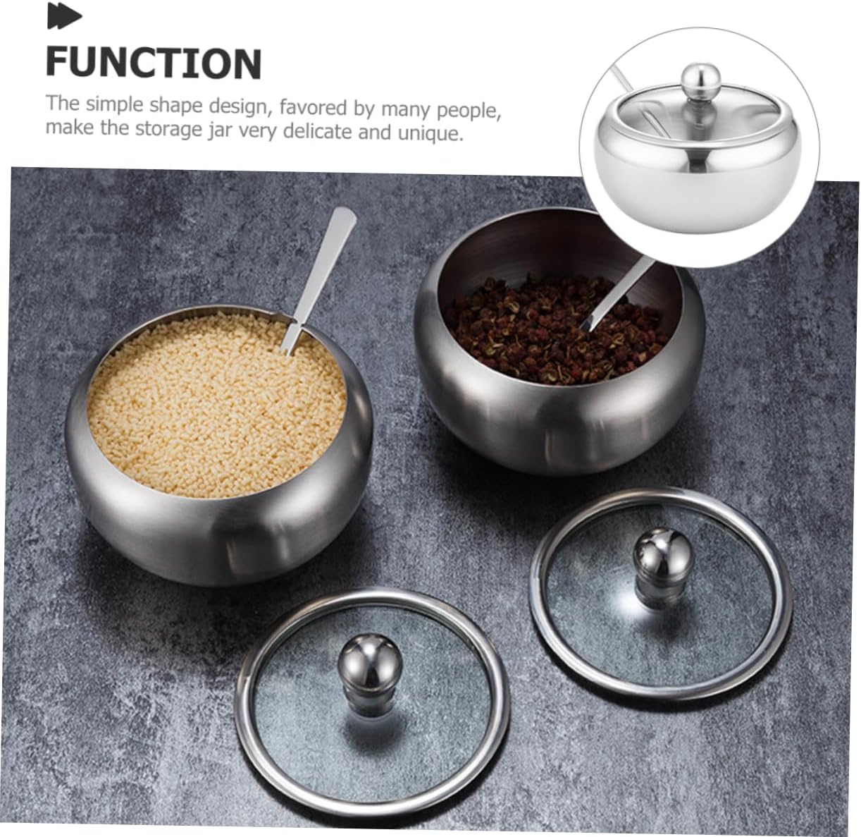 GLEAVI 5sets Stainless Steel Spice Jar with Lid and Spoon Condiment Holder for Sugar Salt Pepper and Seasonings for Home and Parties
