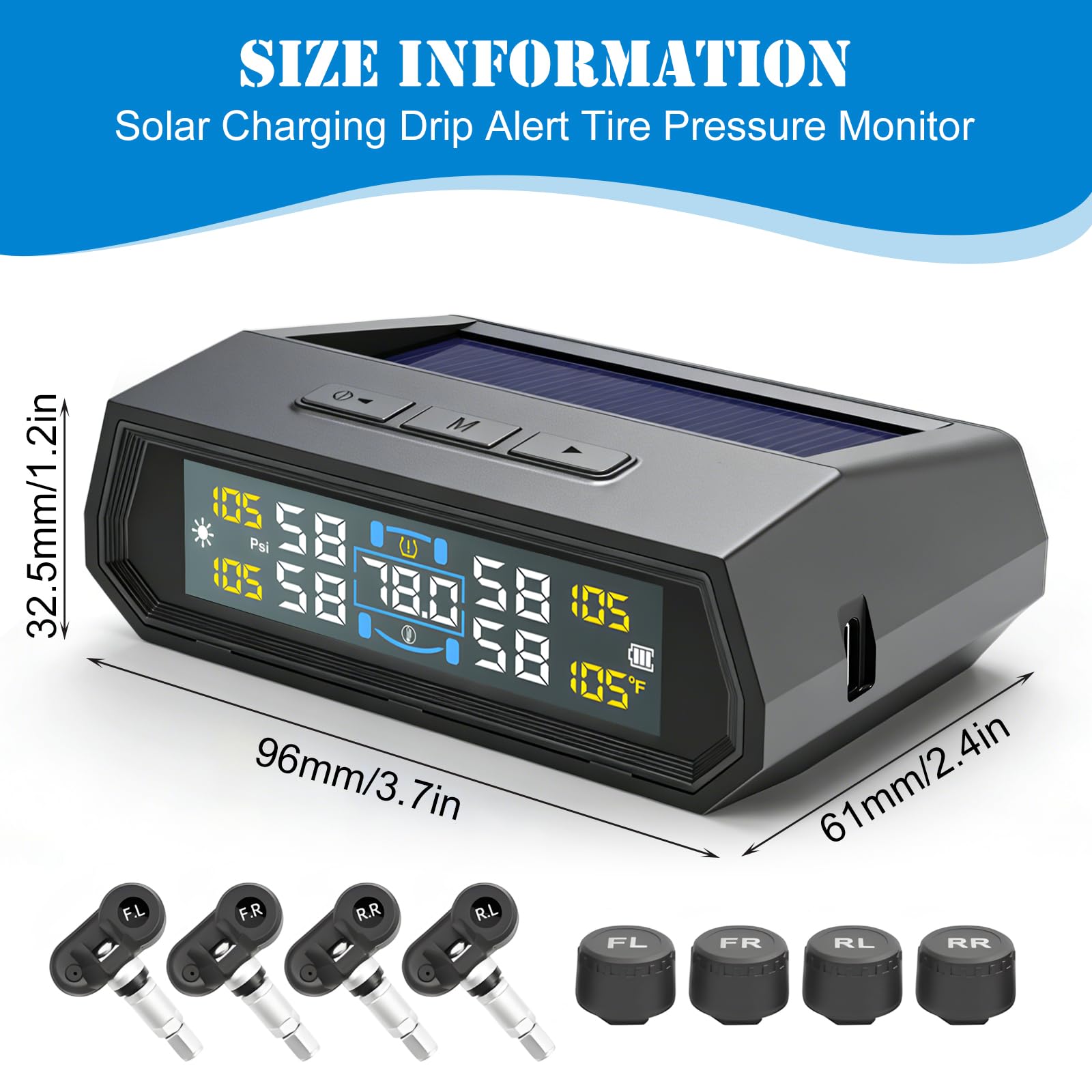 TPMS, sistema di controllo della pressione degli pneumatici, sistema di controllo digitale della pressione degli pneumatici, TPMS con 4 sensori esterni, IPX7, impermeabile, mini monitoraggio della