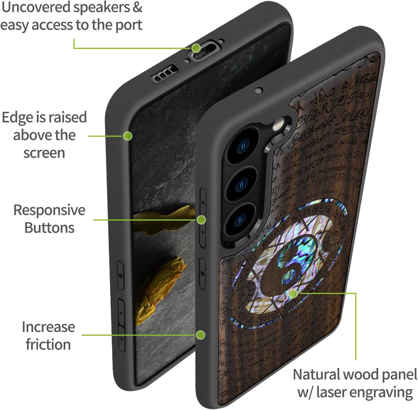 Carveit Designer Wooden Case for Samsung Galaxy S23 Cover [Wood Engraving & Shell Inlay] Compatible with Wireless Chargers S23 Case (Yin Yang and Star-Blackwood)